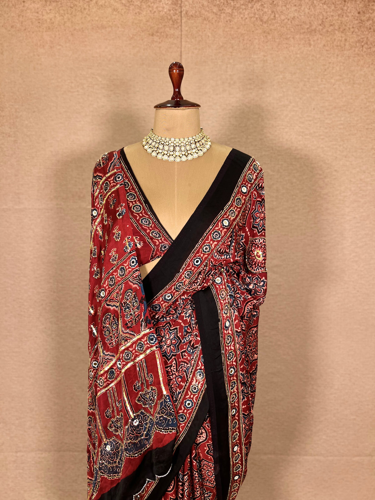CARMINE MUSE - Pure Modal Ajrakh Hand Embroidered Saree