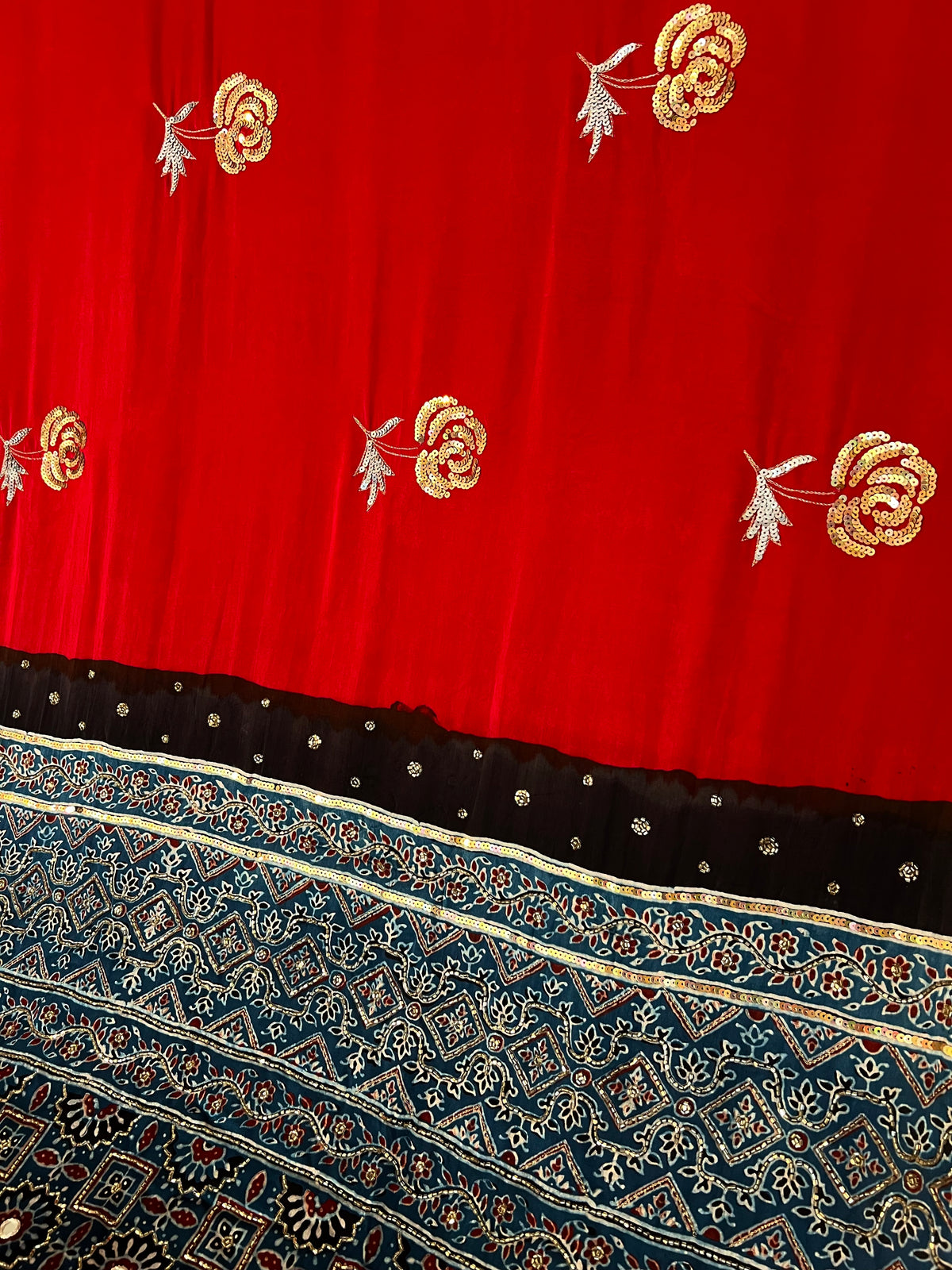 CRIMSON ROSE - Pure Modal Ajrakh Hand Embroidered Saree