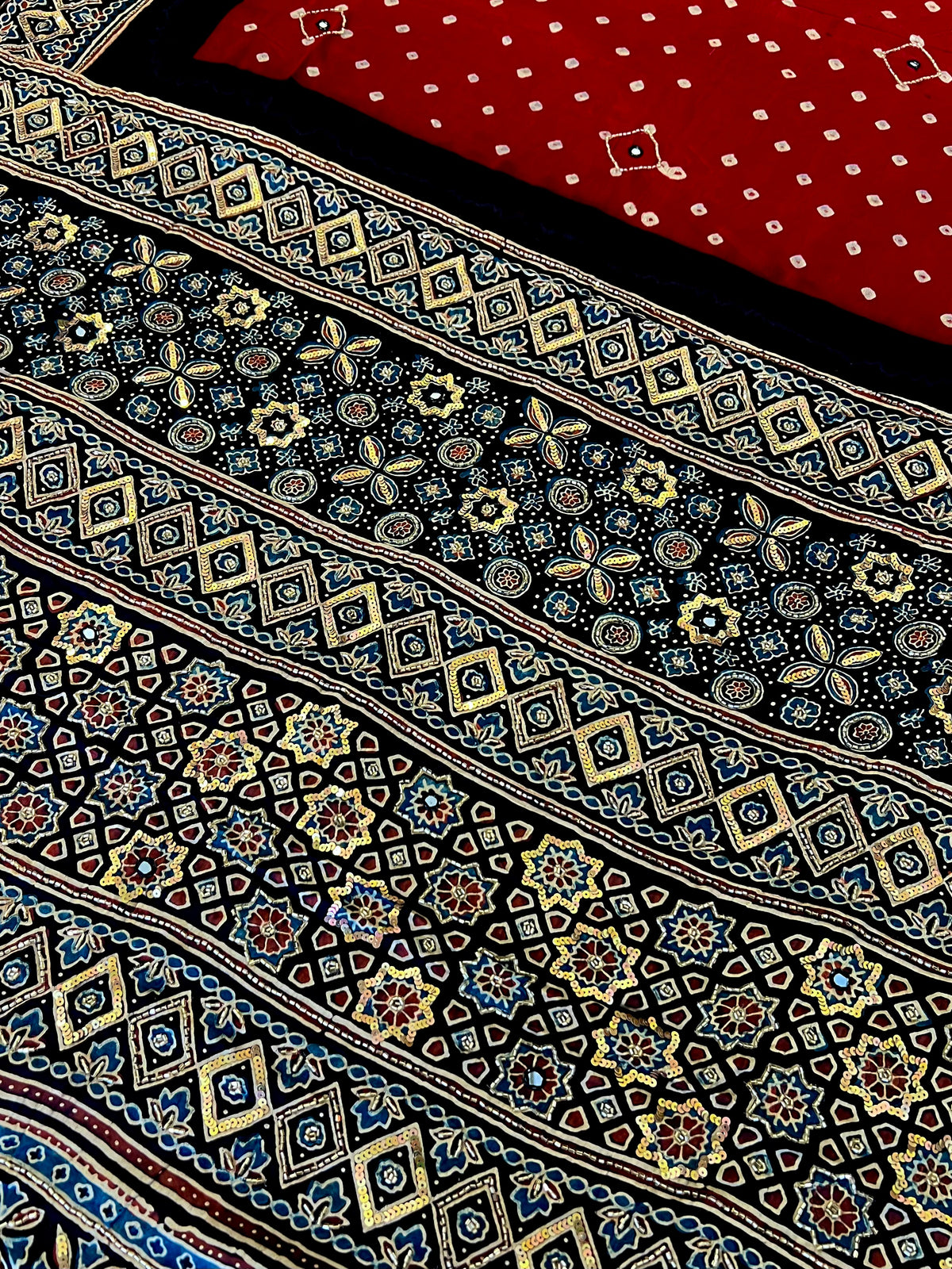 RED ROYALTY - Pure Modal Bandhani Ajrakh Hand Embroidered Saree