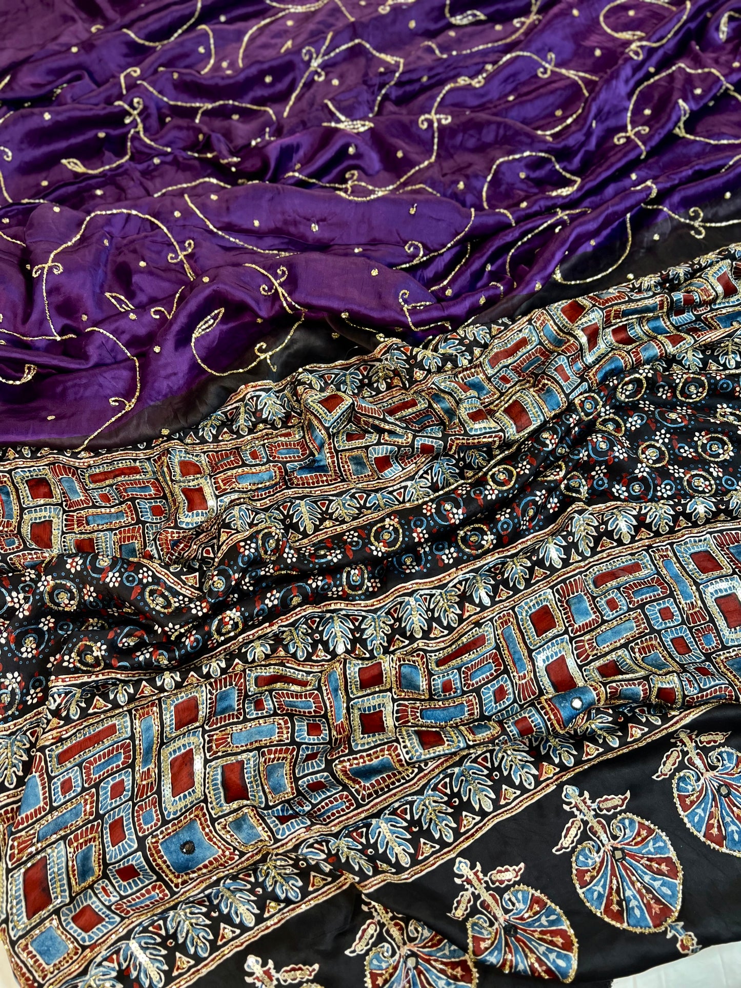 MIDNIGHT AMETHYST - Pure Modal Ajrakh Hand Embroidered Saree