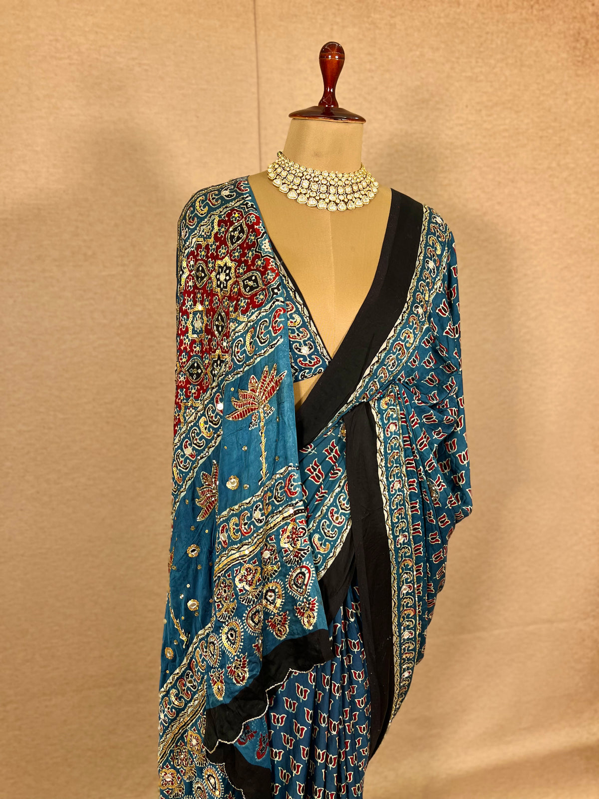 DIVINE SPARKLE - Pure Modal Ajrakh Hand Embroidered Saree