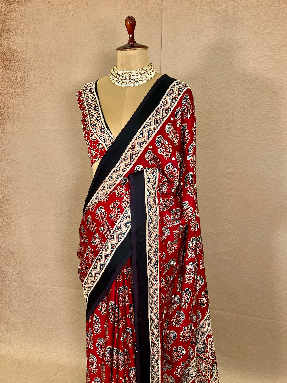 PASSION BLOOM - Pure Modal Ajrakh Hand Embroidered Saree