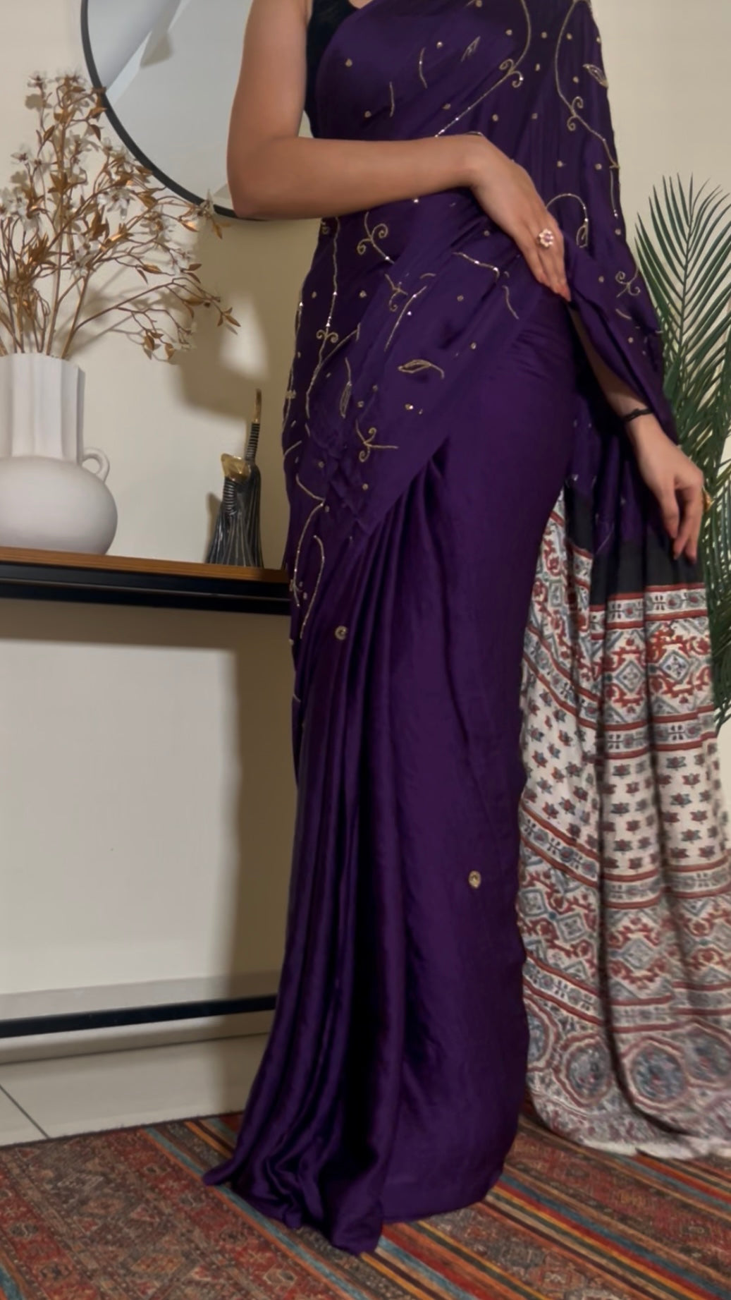 MOONLIT AMETHYST - Pure Modal Ajrakh Hand Embroidered Saree