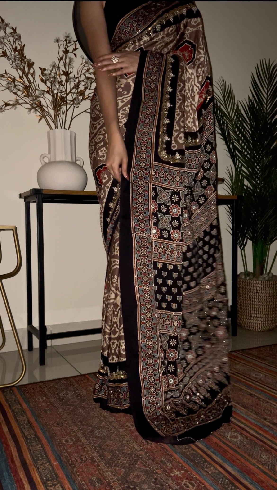 OPAL DREAM - Pure Modal Ajrakh Hand Embroidered Saree