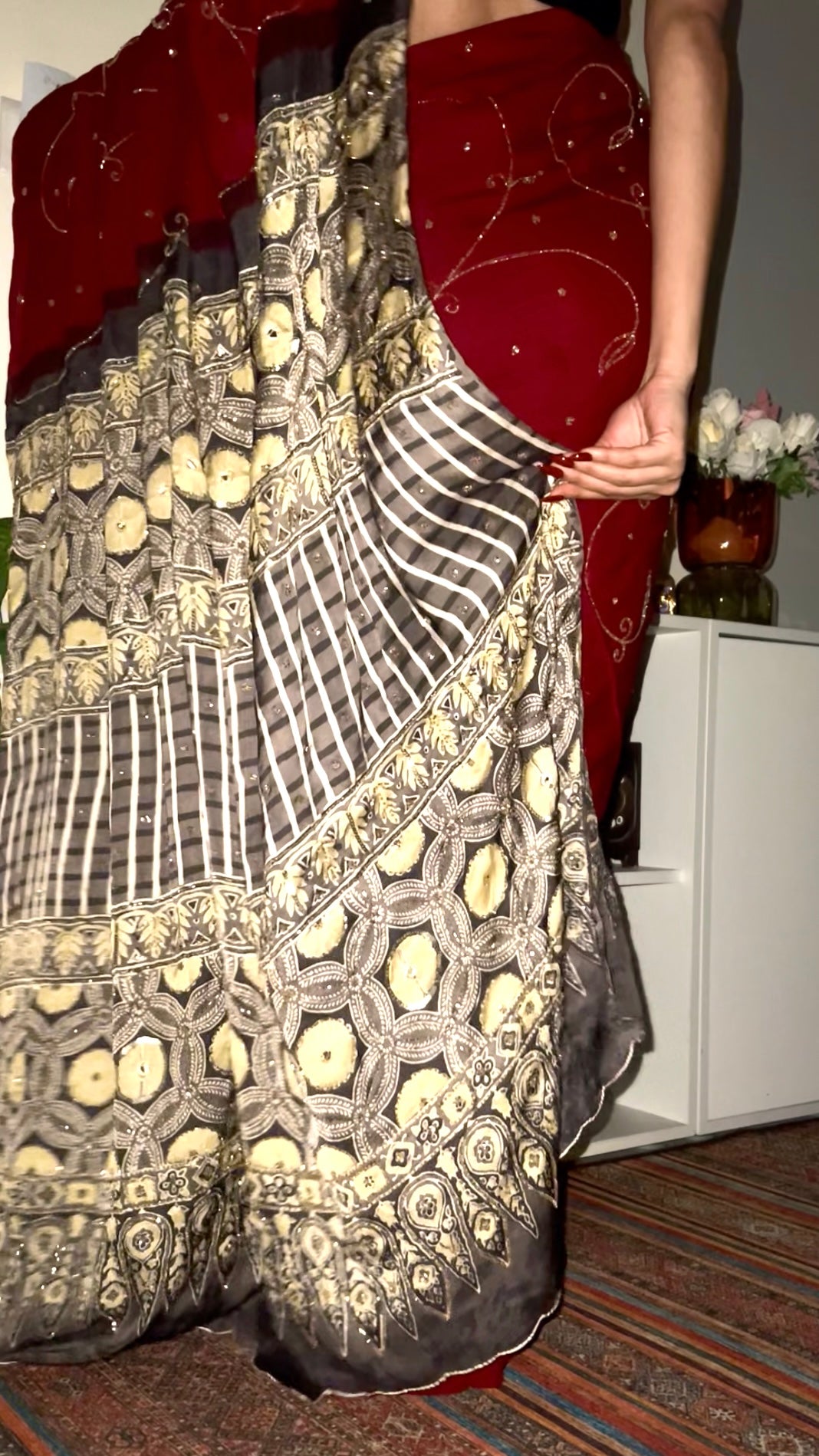 RUBY SPARKLE - Pure Modal Ajrakh Hand Embroidered Saree
