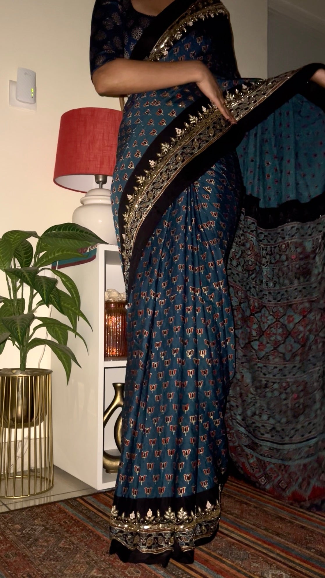 BLUE MEADOW - Pure Modal Ajrakh Hand Embroidered Saree