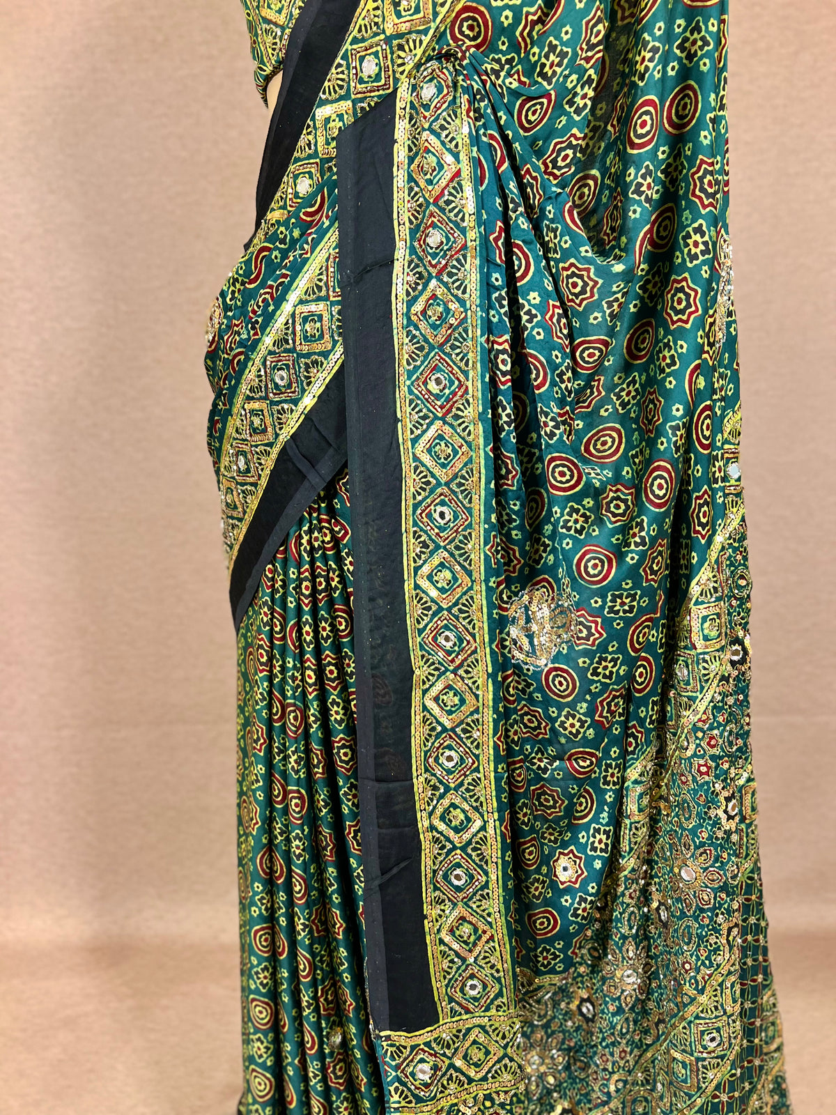 GLITTER ALLURE - Pure Modal Ajrakh Hand Embroidered Saree