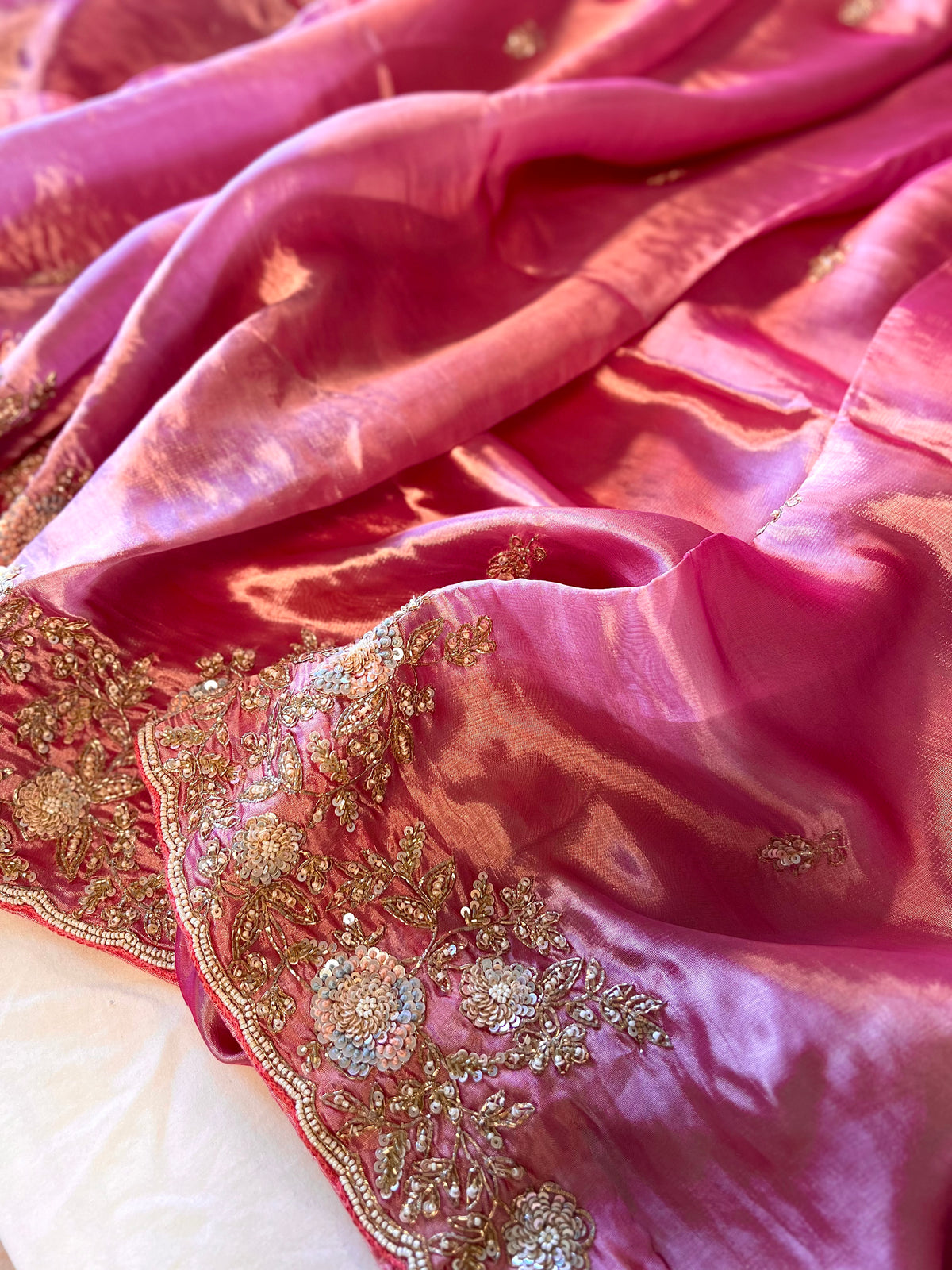 SHABNAM - Pure Chinnon Satin Zardosi Pitta Hand Embroidered Saree