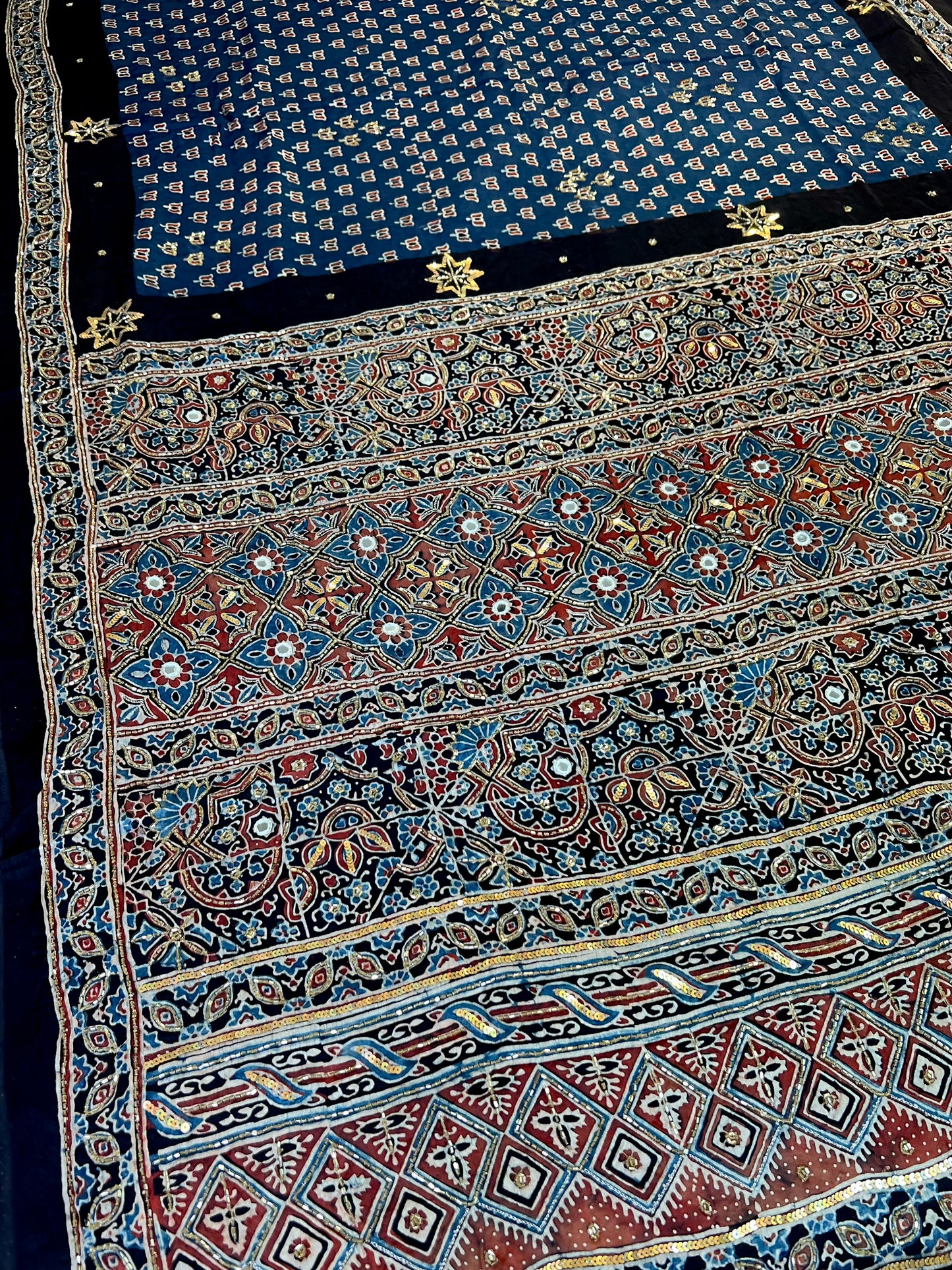 COBALT BLOOM - Pure Modal Ajrakh Hand Embroidered Saree