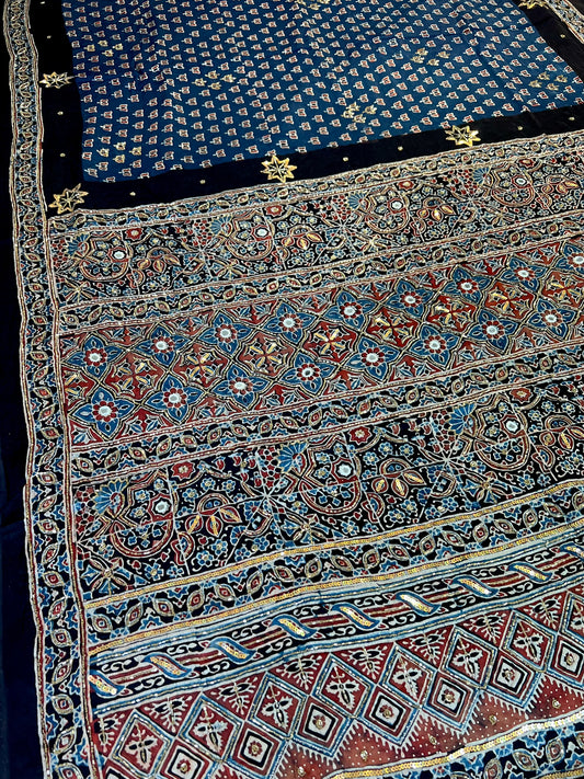 COBALT BLOOM - Pure Modal Ajrakh Hand Embroidered Saree