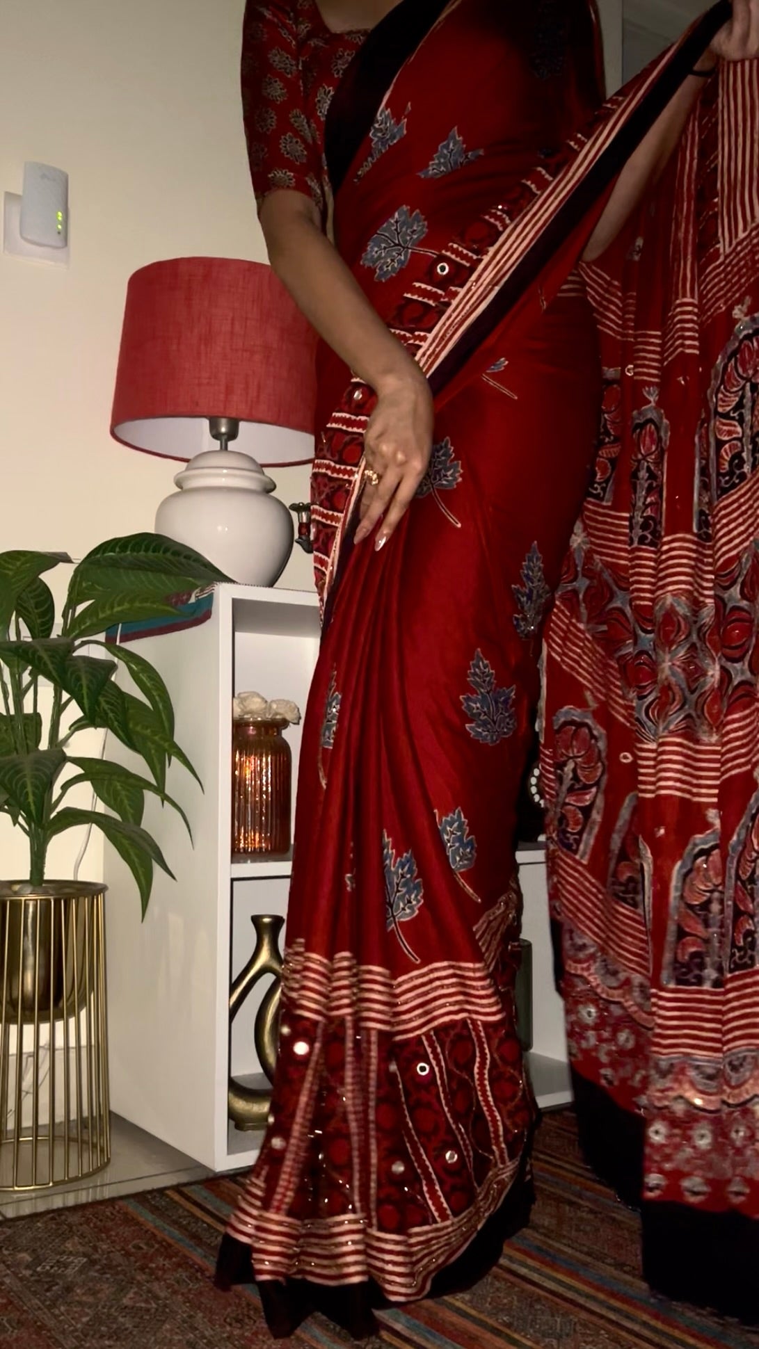 CRIMSON BLOOM - - Pure Modal Ajrakh Hand Embroidered Saree