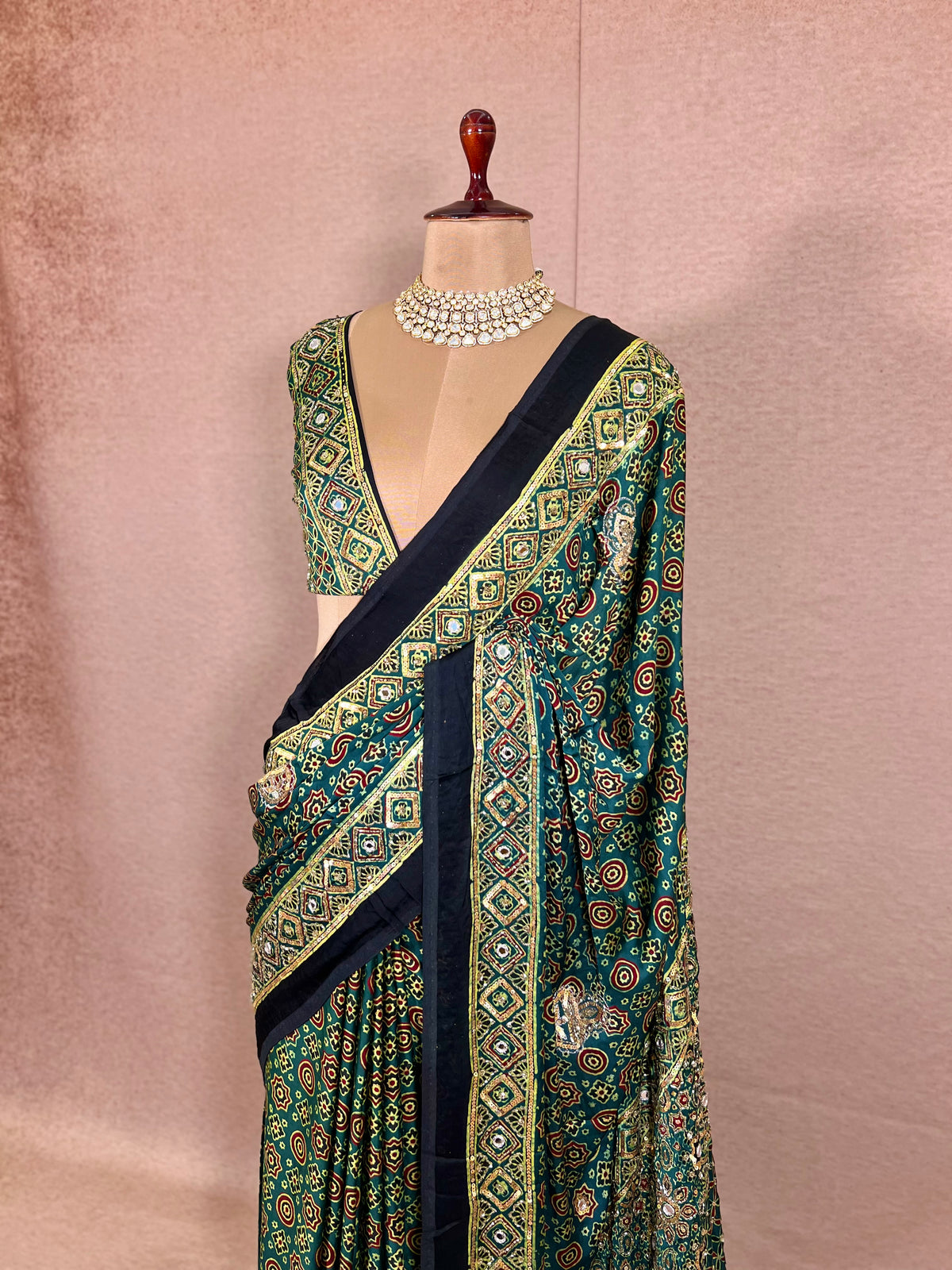 GLITTER ALLURE - Pure Modal Ajrakh Hand Embroidered Saree