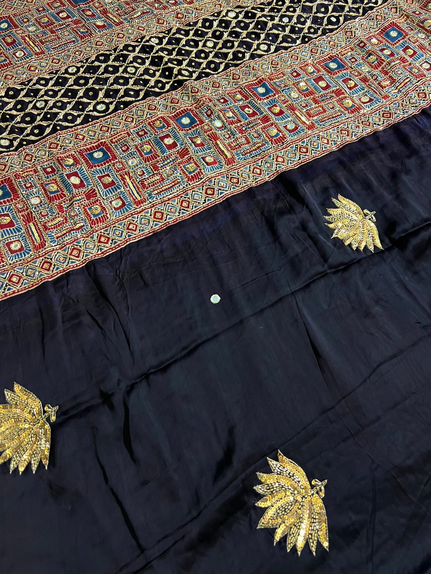 COSMIC LOTUS - Pure Modal Ajrakh Hand Embroidered Saree