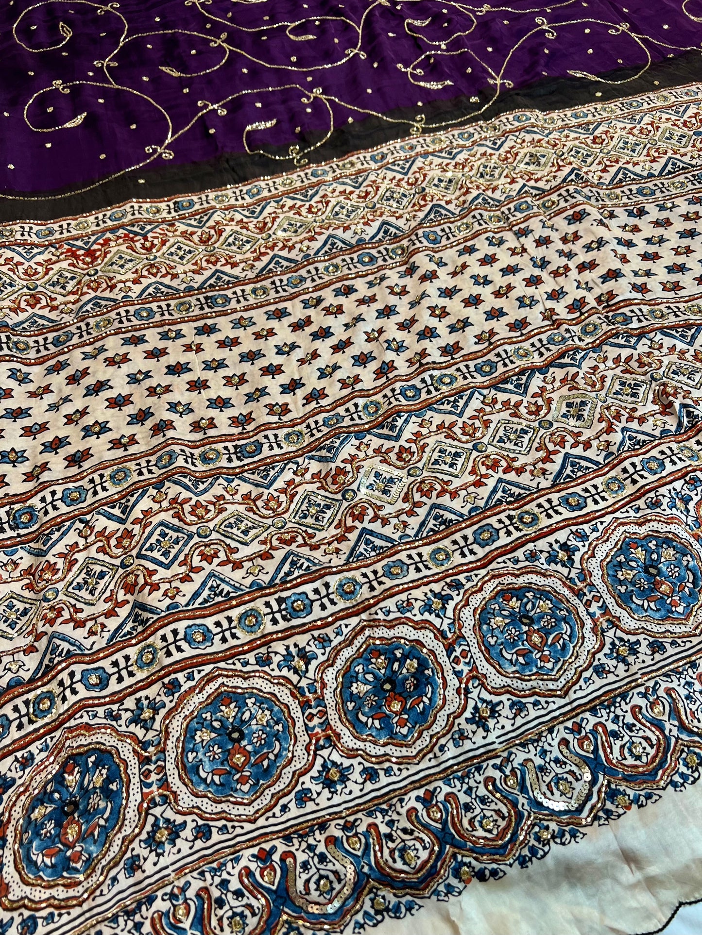 MOONLIT AMETHYST - Pure Modal Ajrakh Hand Embroidered Saree