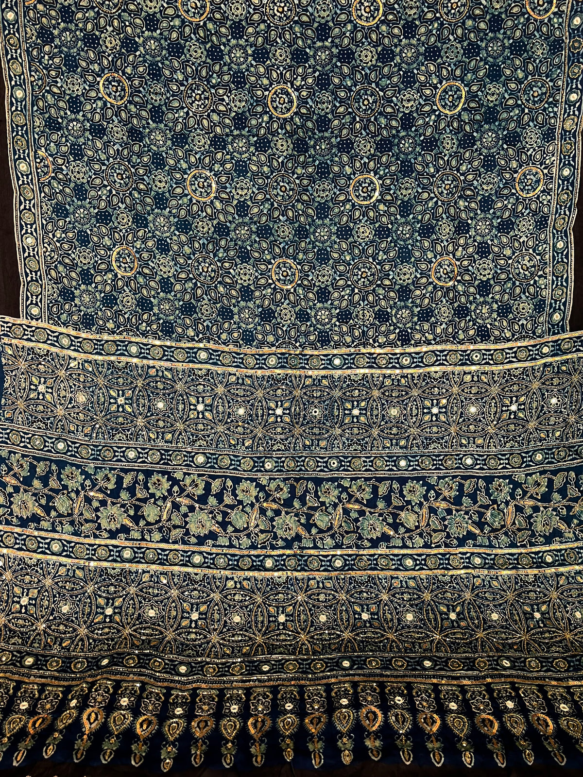 AQUA WHISPER - Pure Modal Ajrakh Hand Embroidered Saree