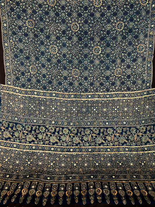 AQUA WHISPER - Pure Modal Ajrakh Hand Embroidered Saree
