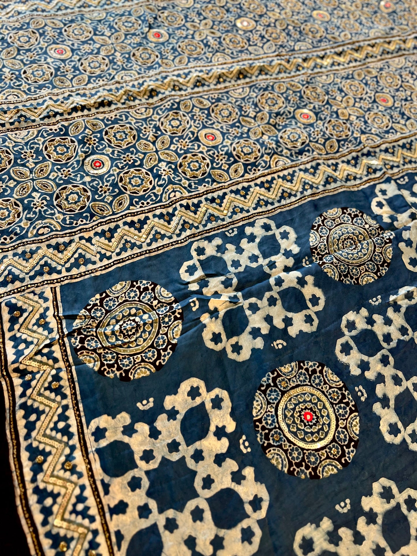 INDIGO LUMIÈRE - Pure Modal Ajrakh Hand Embroidered Saree