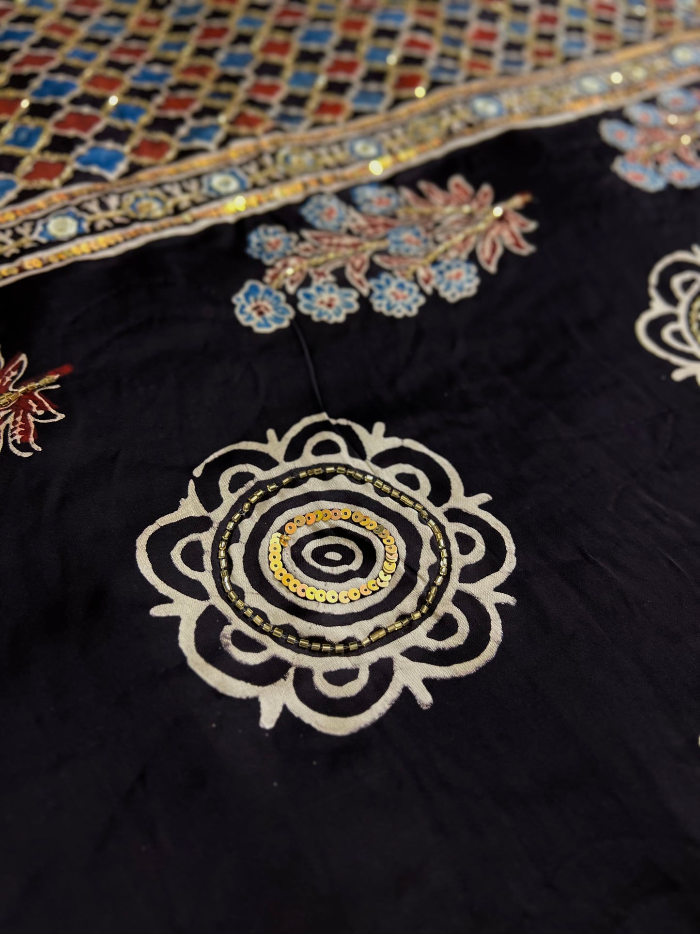 NIGHT BLOSSOM - Pure Modal Ajrakh Hand Embroidered Saree