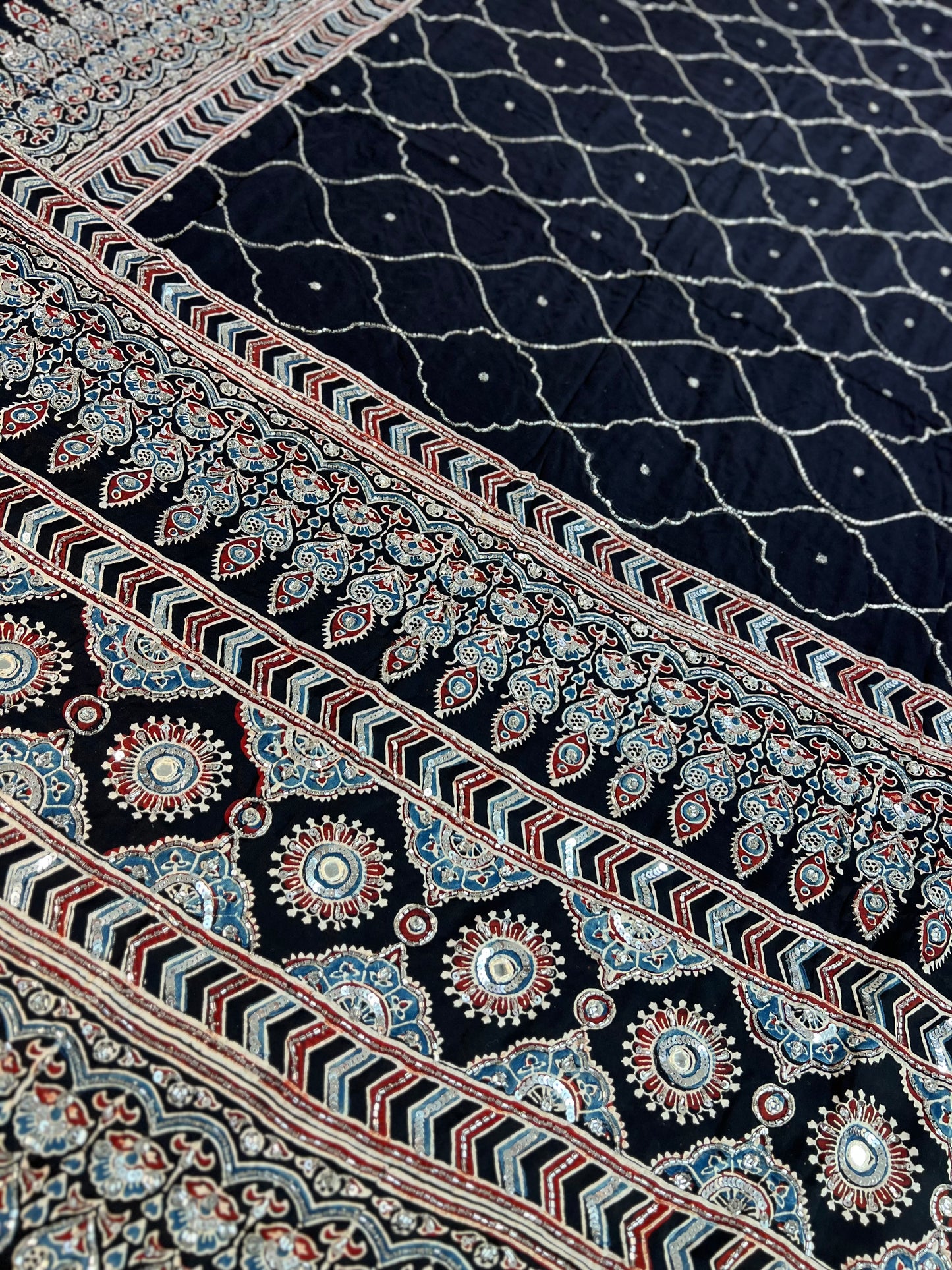 MIDNIGHT ECLIPSE - Pure Modal Ajrakh Hand Embroidered Saree