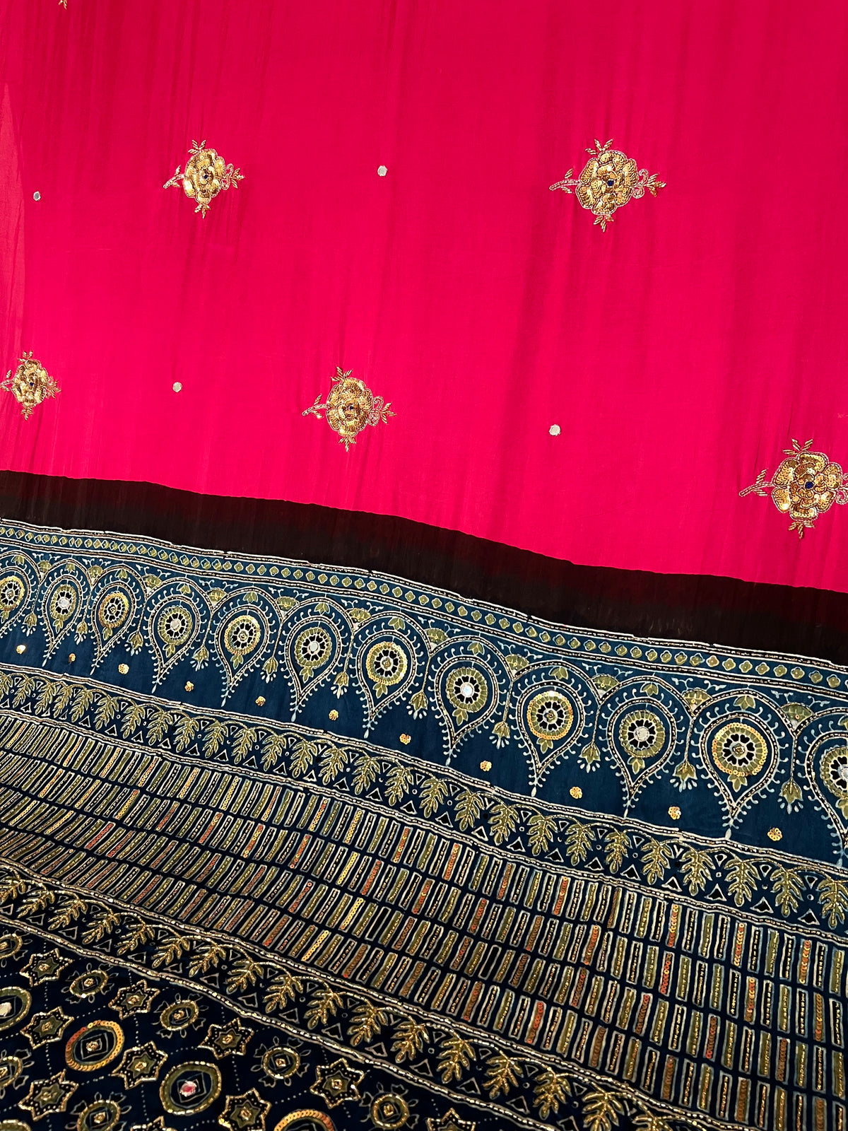 BUBBLEGUM ROSE - Pure Modal Ajrakh Hand Embroidered Saree