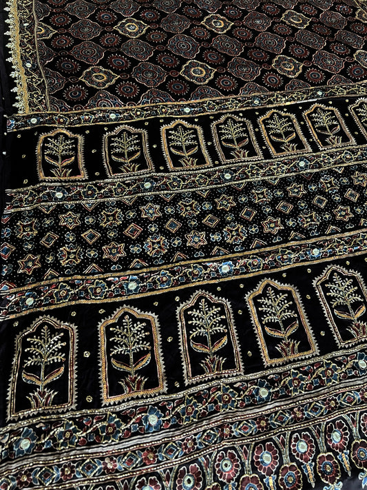 NIGHT SYMPHONY - Pure Modal Ajrakh Hand Embroidered Saree