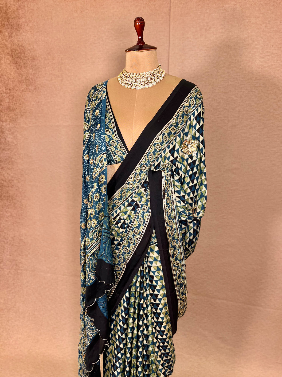 LAGOON DREAM - Pure Modal Ajrakh Hand Embroidered Saree