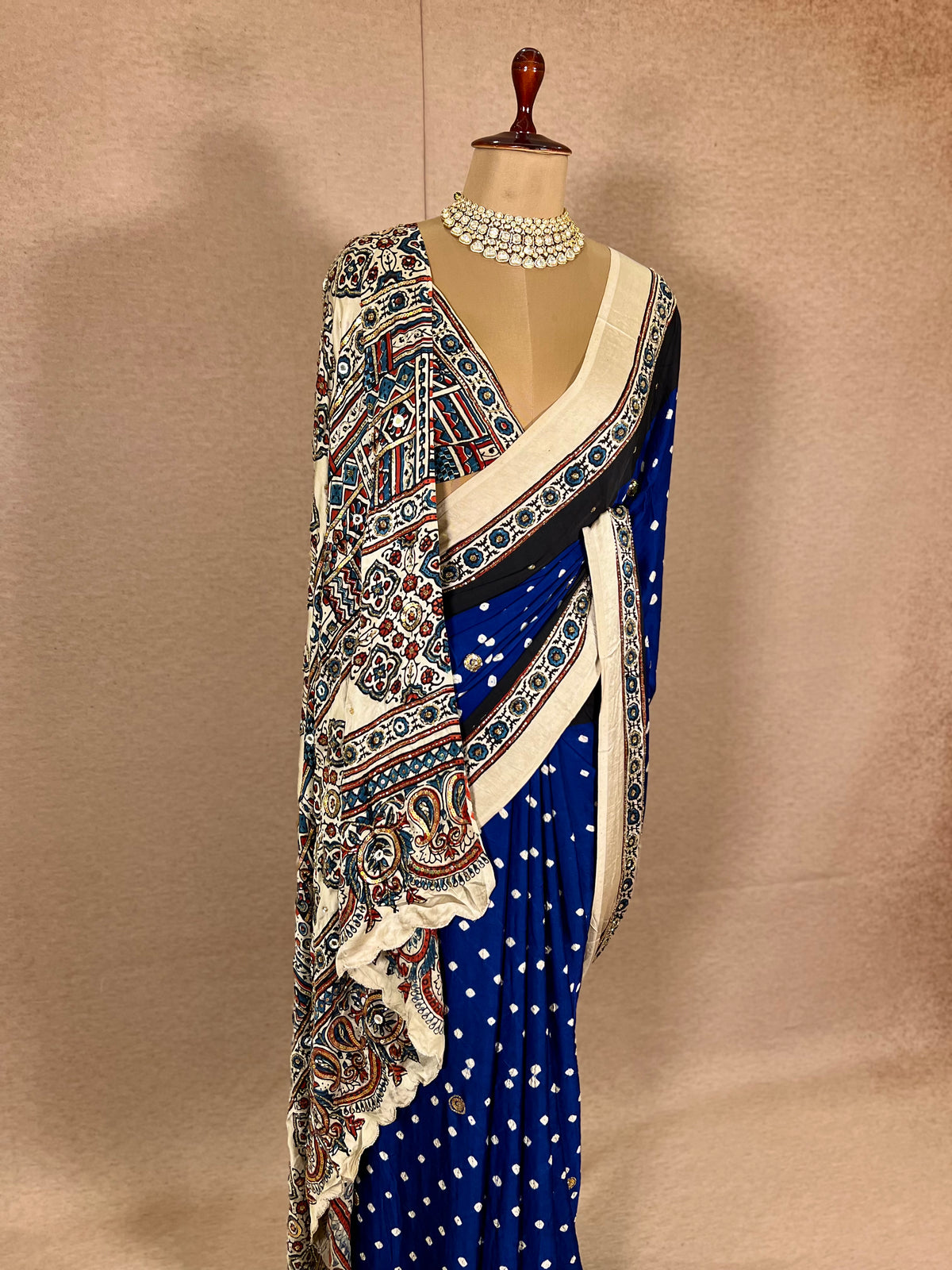 BLUE GRANDUER - Pure Modal Bandhani Ajrakh Hand Embroidered Saree