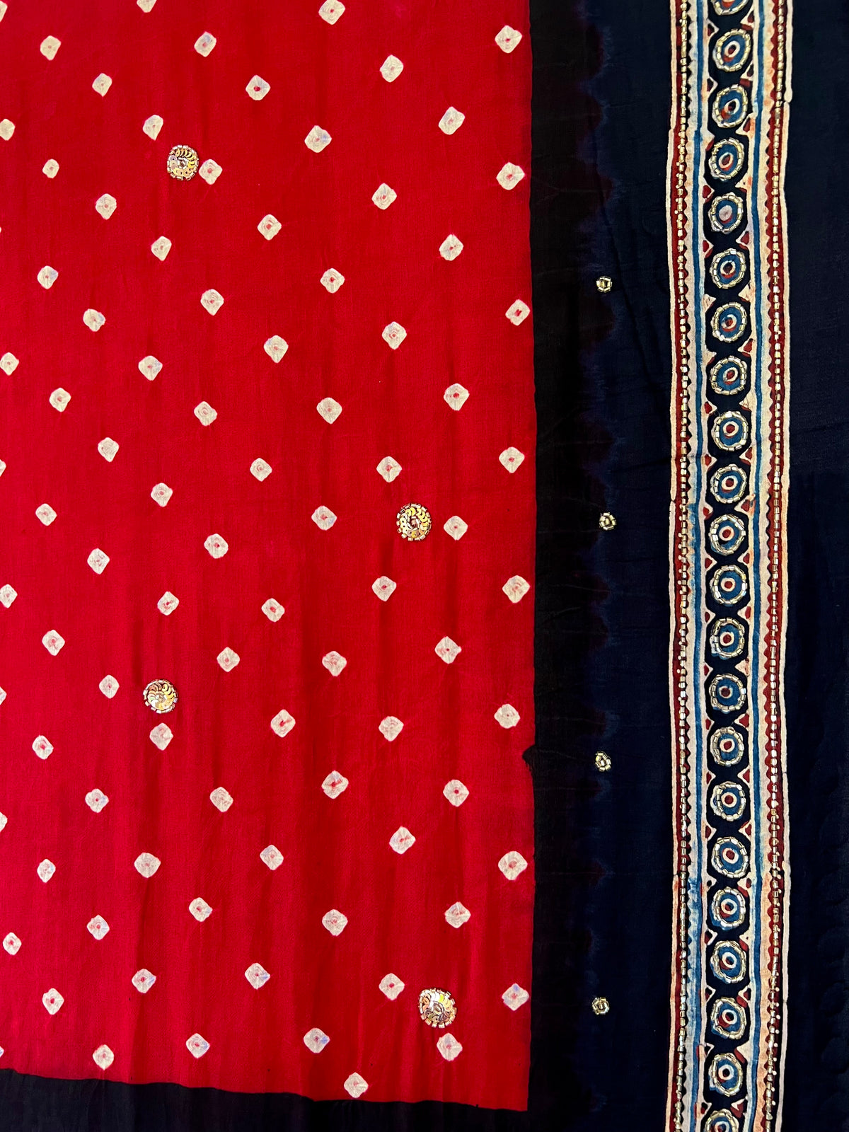 RED DECADENCE - Pure Modal Bandhani Ajrakh Hand Embroidered Saree