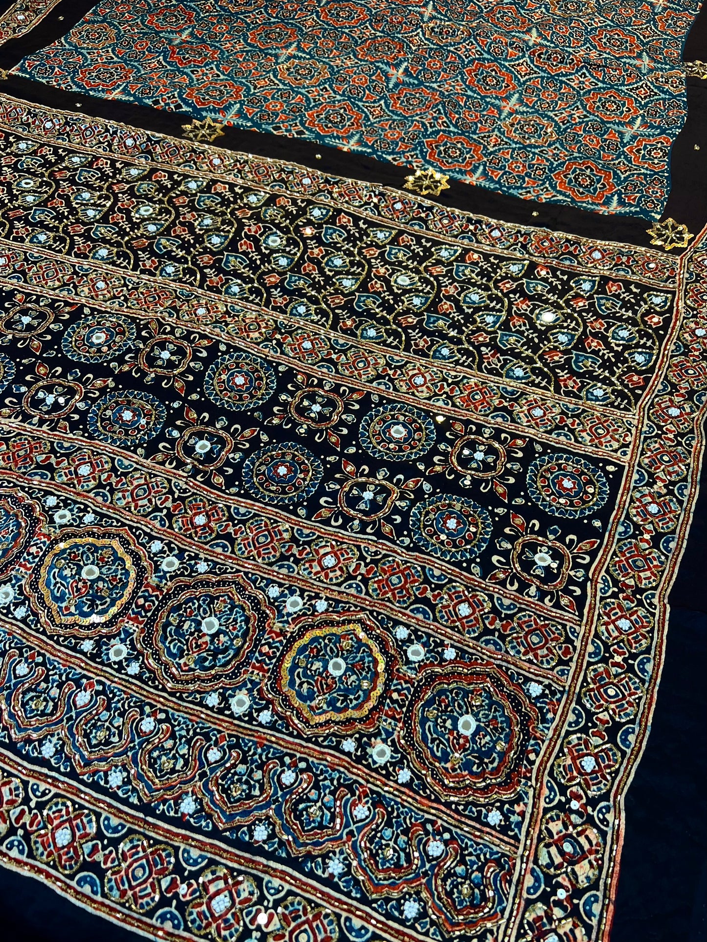 SAPPHIRE MIST - Pure Modal Ajrakh Hand Embroidered Saree