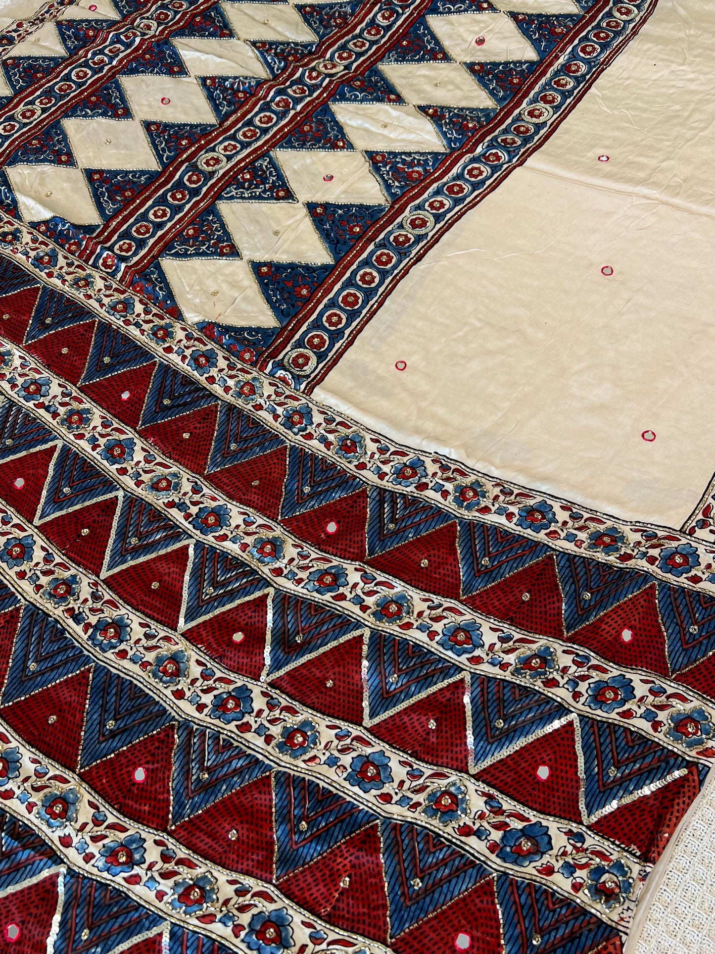Ivory Heritage - Pure Modal Ajrakh Hand Embroidered Saree