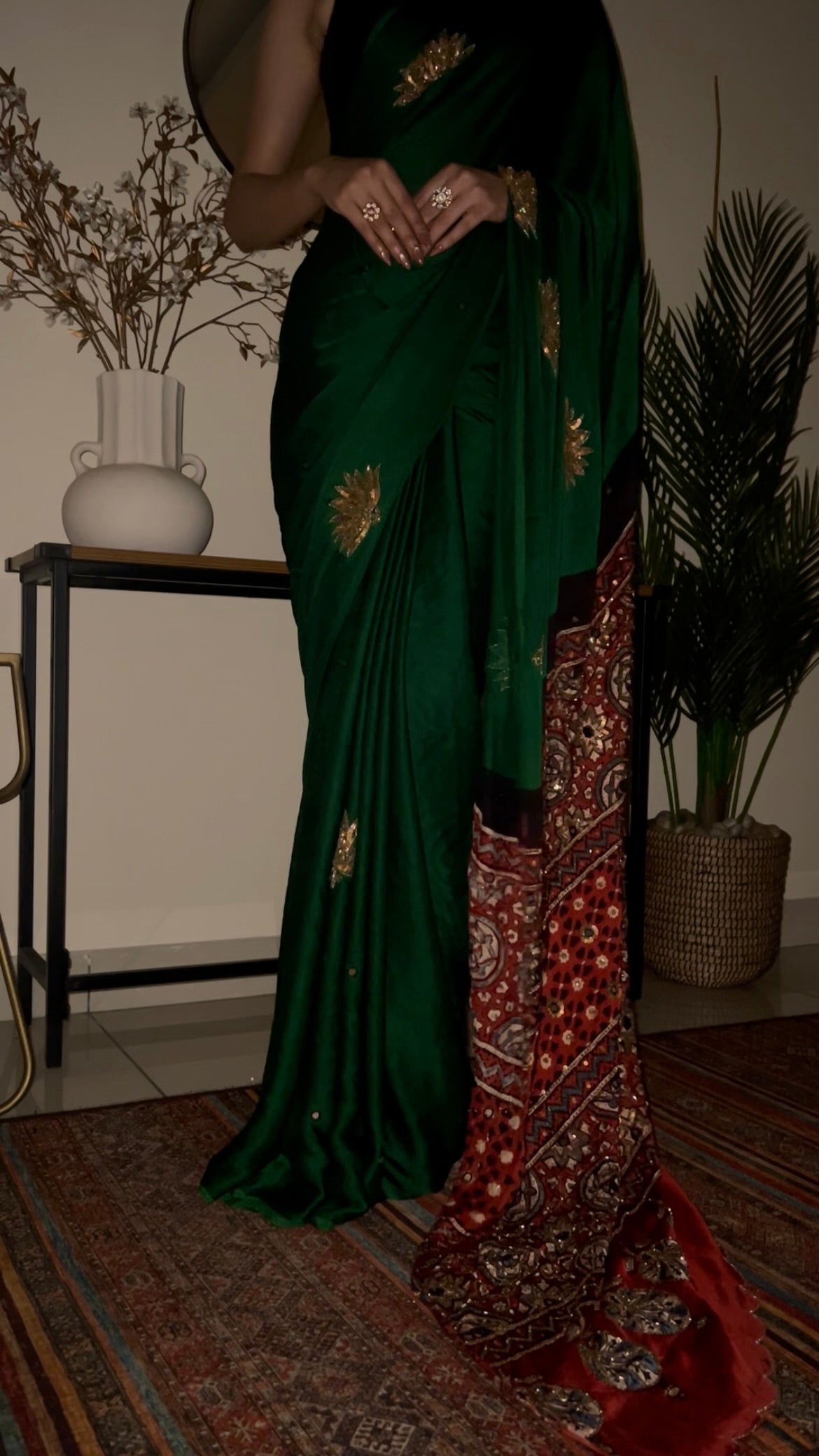 ENCHANTED LOTUS - Pure Modal Ajrakh Hand Embroidered Saree