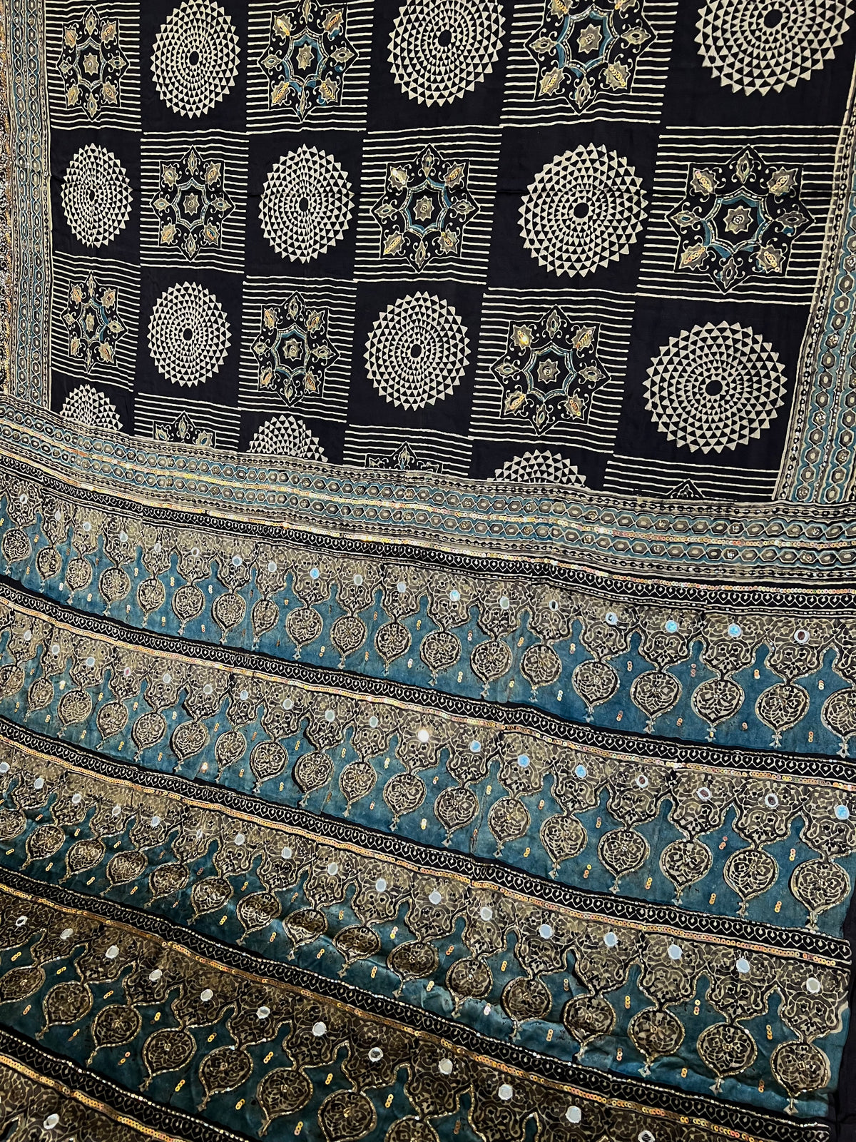 SMOKEY LAGOON - Pure Modal Ajrakh Hand Embroidered Saree