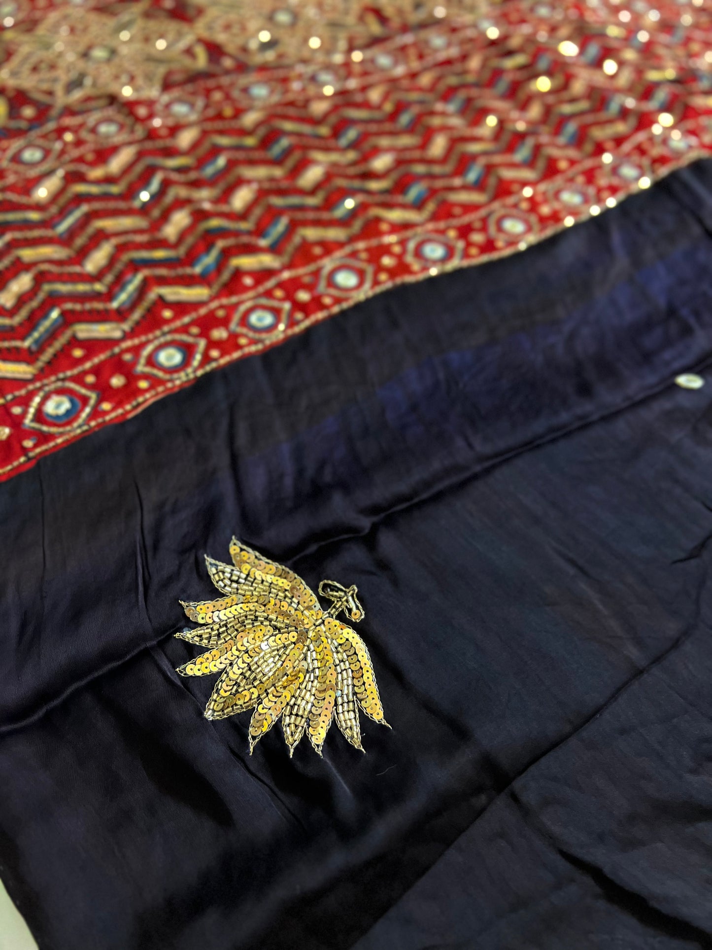 IMPERIAL LOTUS - Pure Modal Ajrakh Hand Embroidered Saree