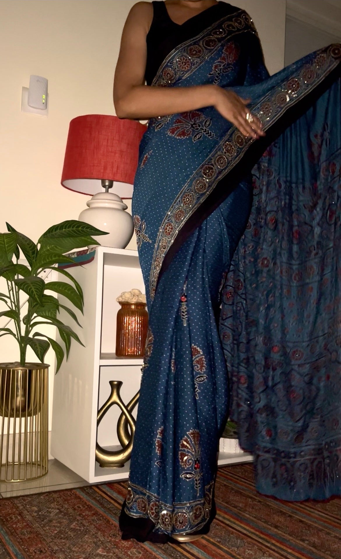Royal Blossom - Pure Modal Ajrakh Hand Embroidered Saree