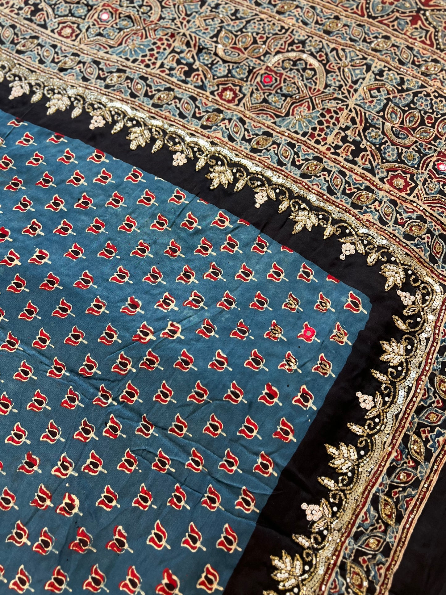 BLUE MEADOW - Pure Modal Ajrakh Hand Embroidered Saree