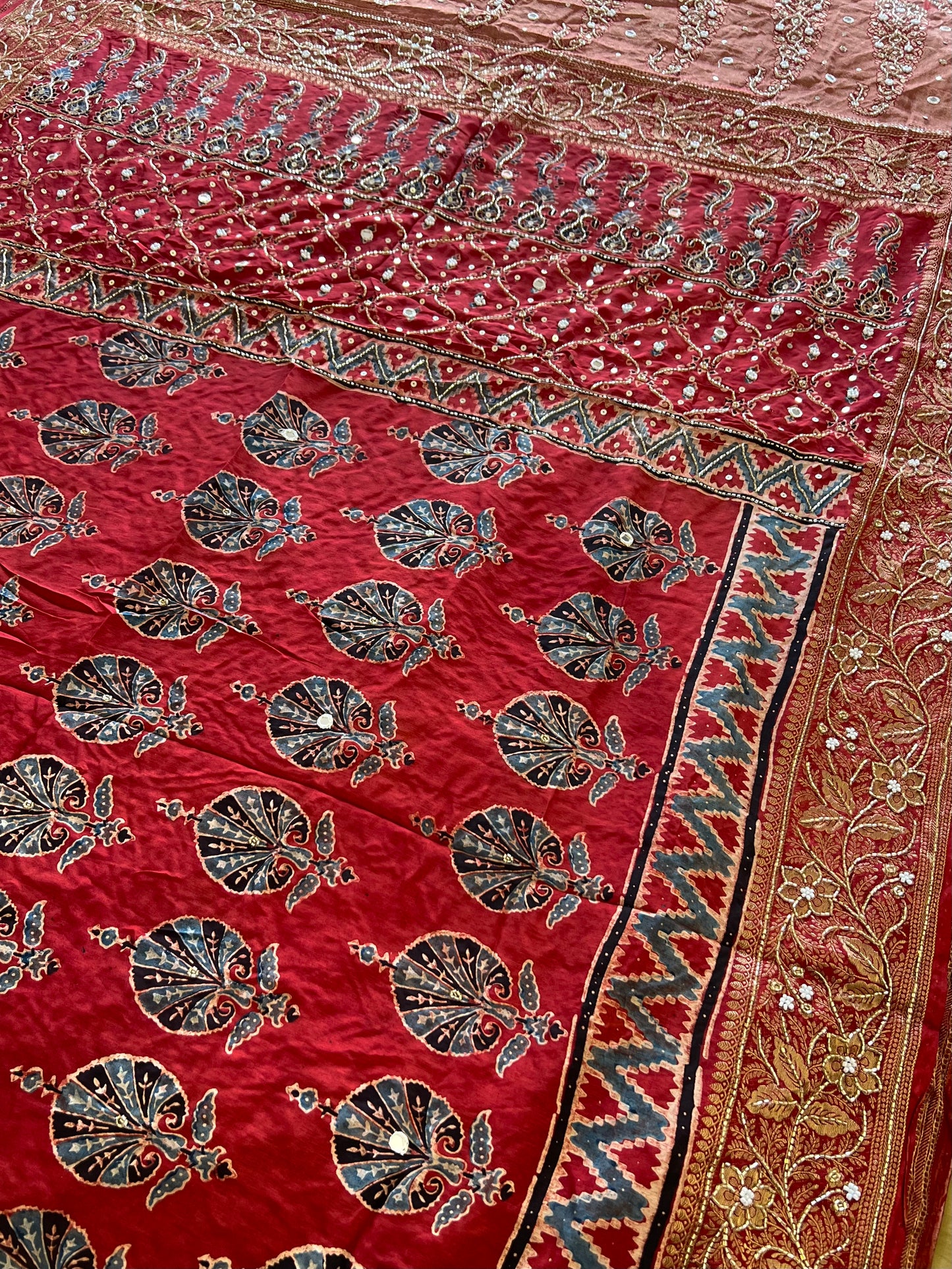 VERMILLION WHISPER - Pure Dola Ajrakh Hand Embroidered Saree
