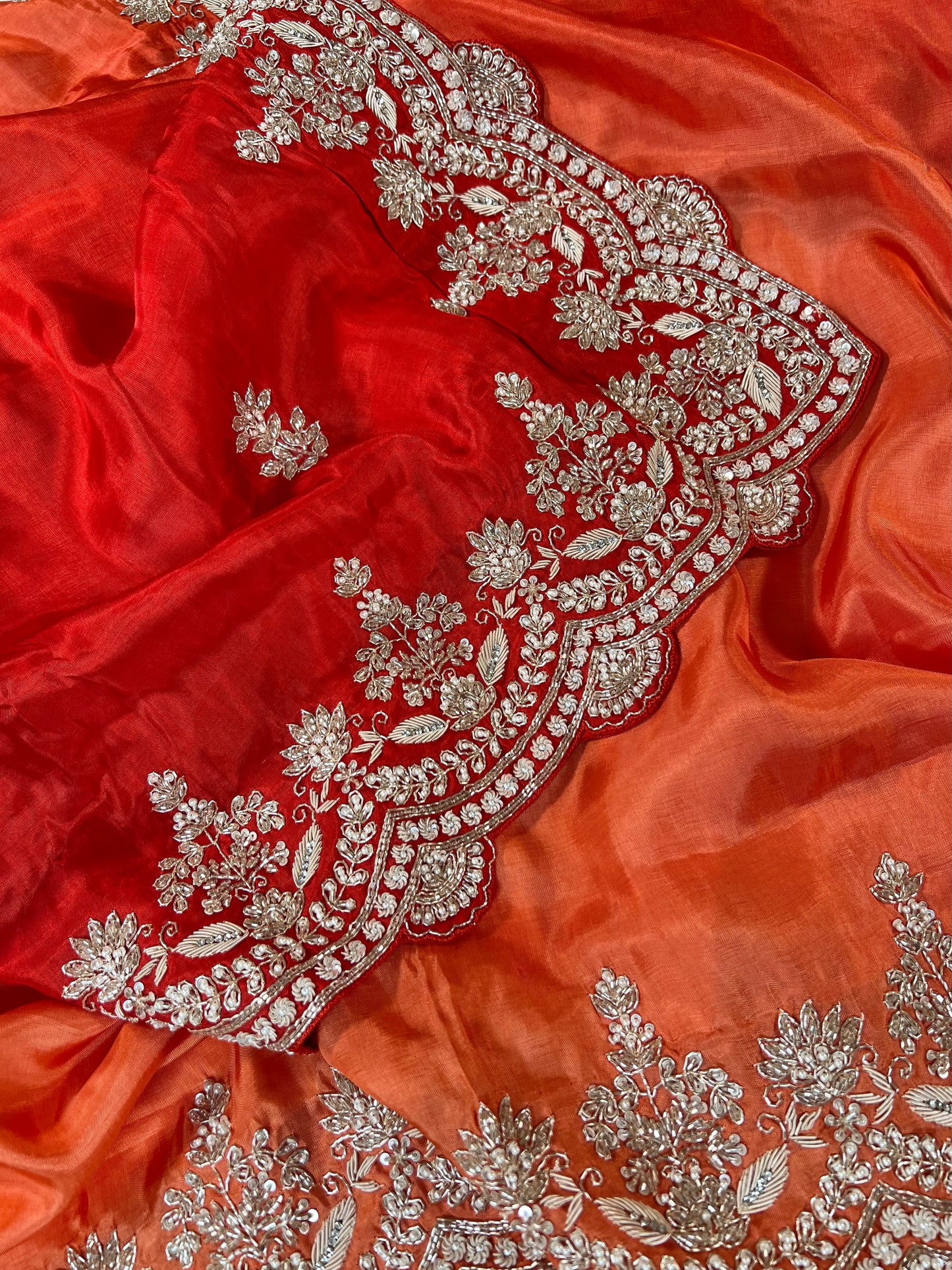 Orange - Red Ombré Zardosi Embroidered Crepe Designer Saree with Unstitched Blouse
