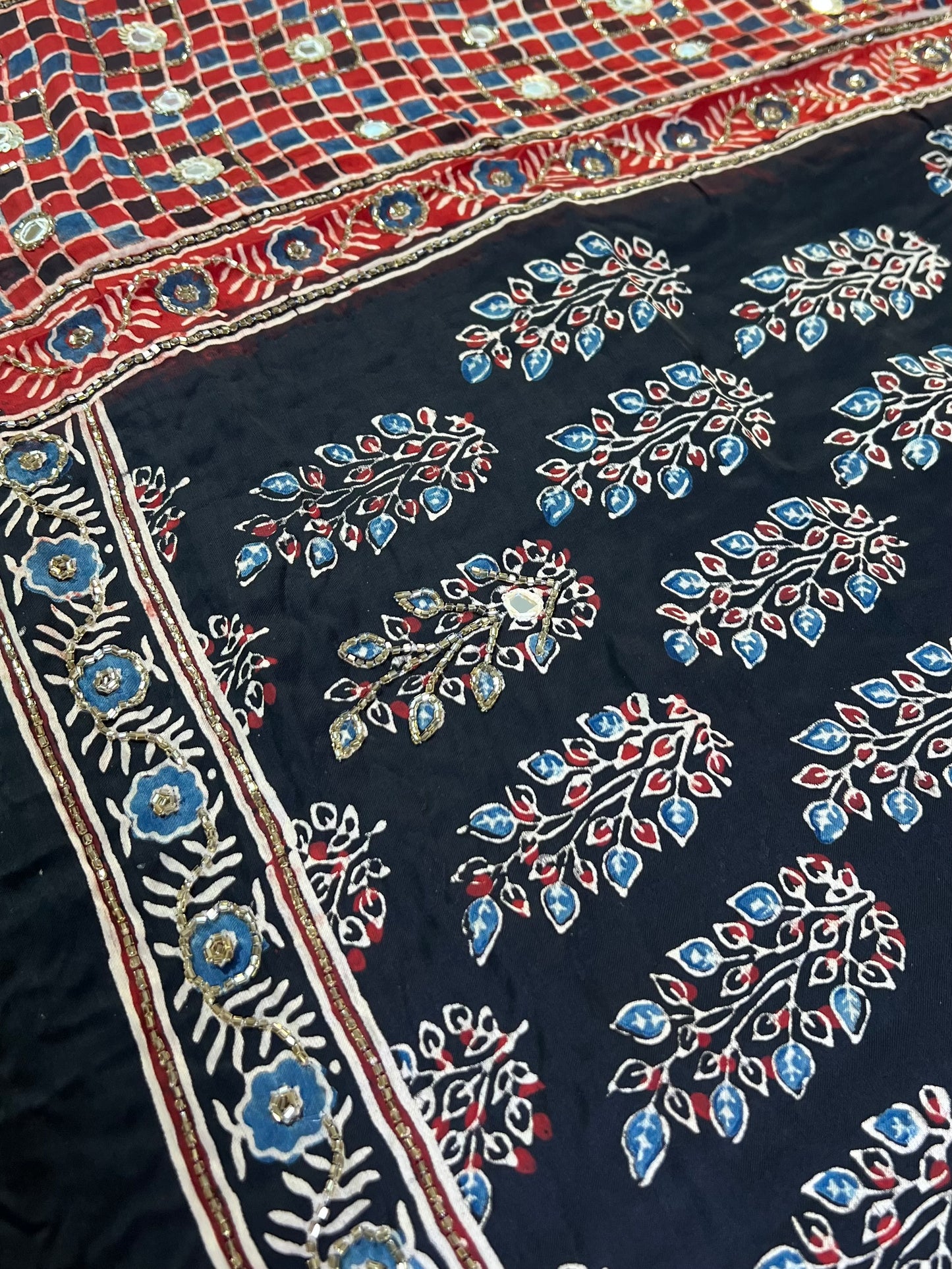 MIDNIGHT ROUGE - Pure Modal Ajrakh Hand Embroidered Saree