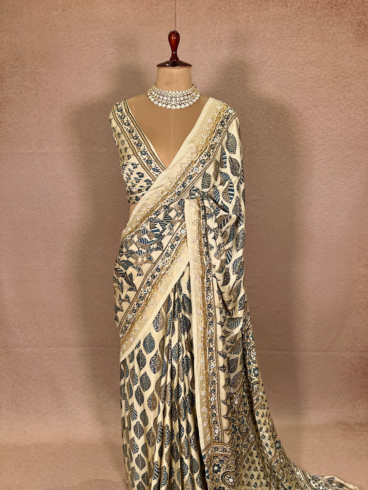IVORY DREAMSCAPE - Pure Modal Ajrakh Hand Embroidered Saree