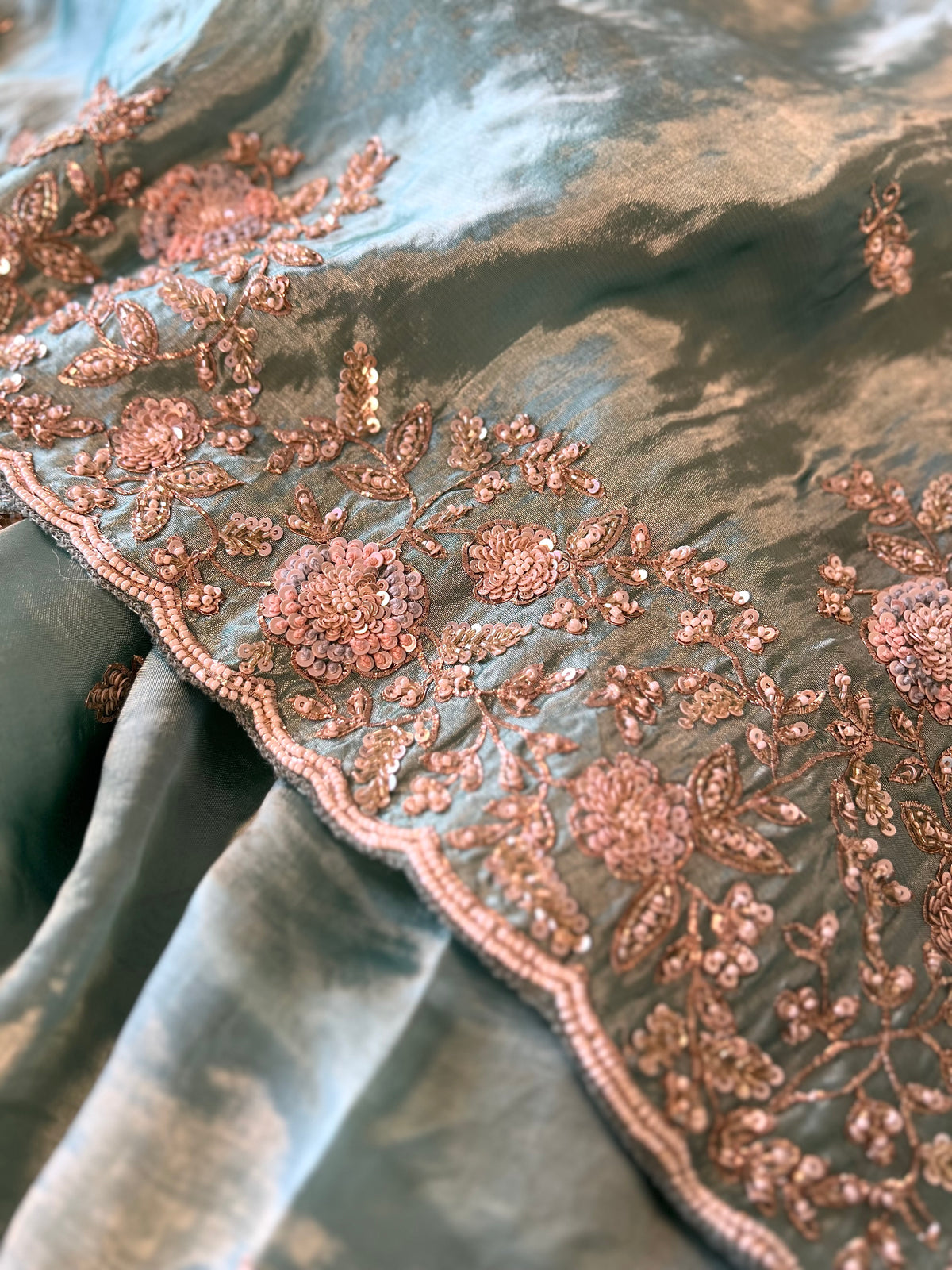 ZUBAIDAA - Pure Chinnon Satin Zardosi Pitta Hand Embroidered Saree
