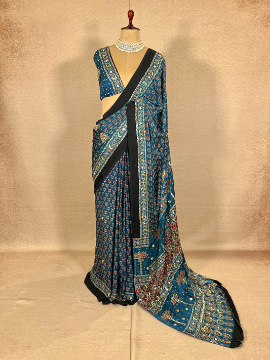 DIVINE SPARKLE - Pure Modal Ajrakh Hand Embroidered Saree