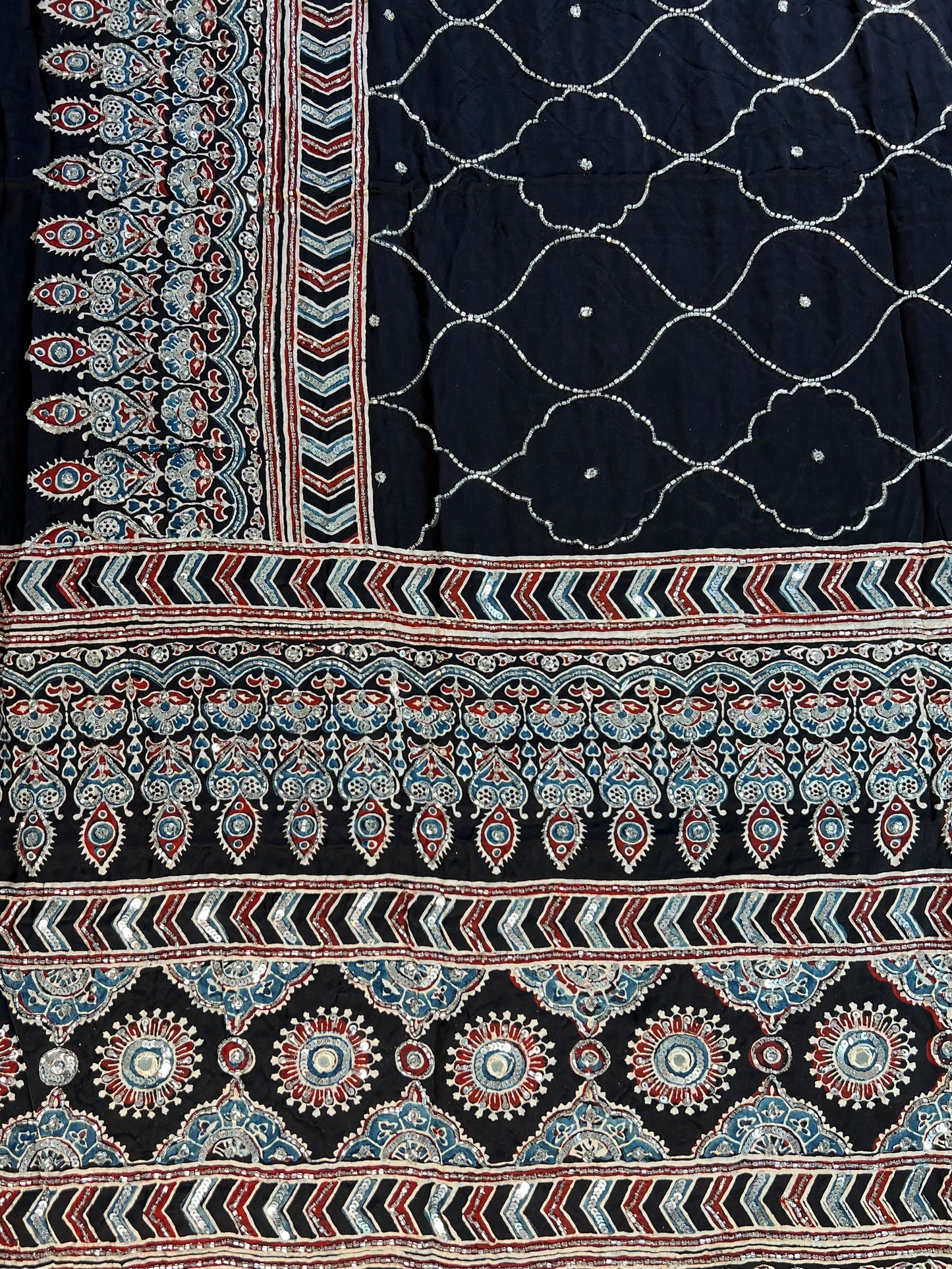 MIDNIGHT ECLIPSE - Pure Modal Ajrakh Hand Embroidered Saree