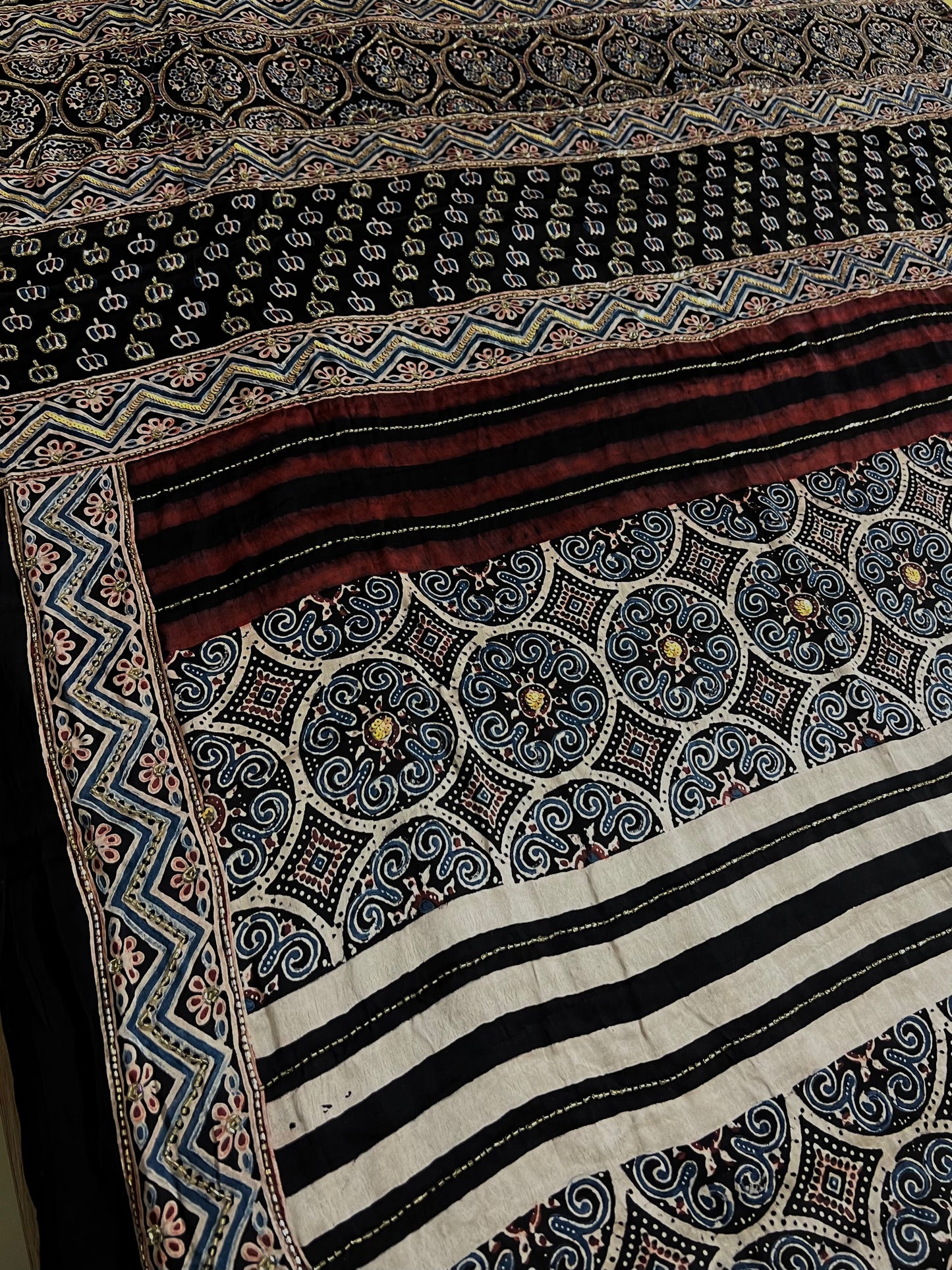 OBSIDIAN DREAMS - Pure Modal Ajrakh Hand Embroidered Saree