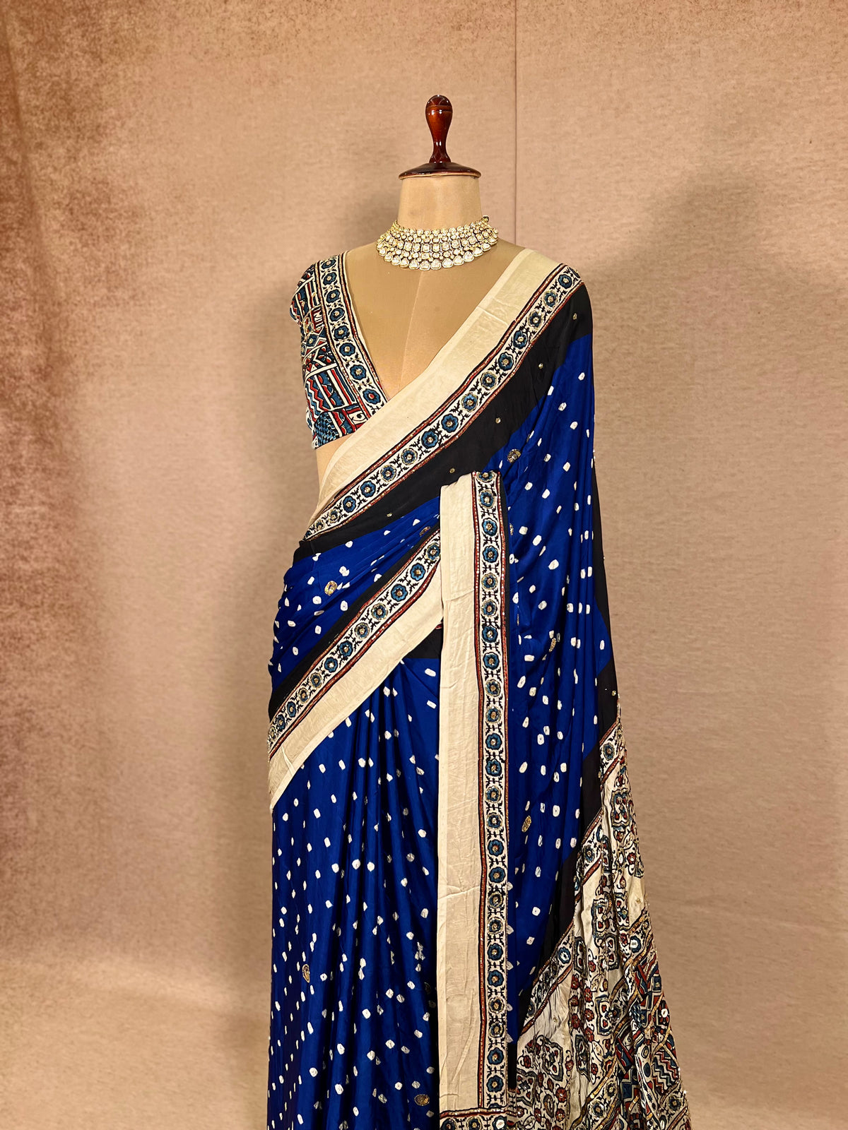 BLUE GRANDUER - Pure Modal Bandhani Ajrakh Hand Embroidered Saree