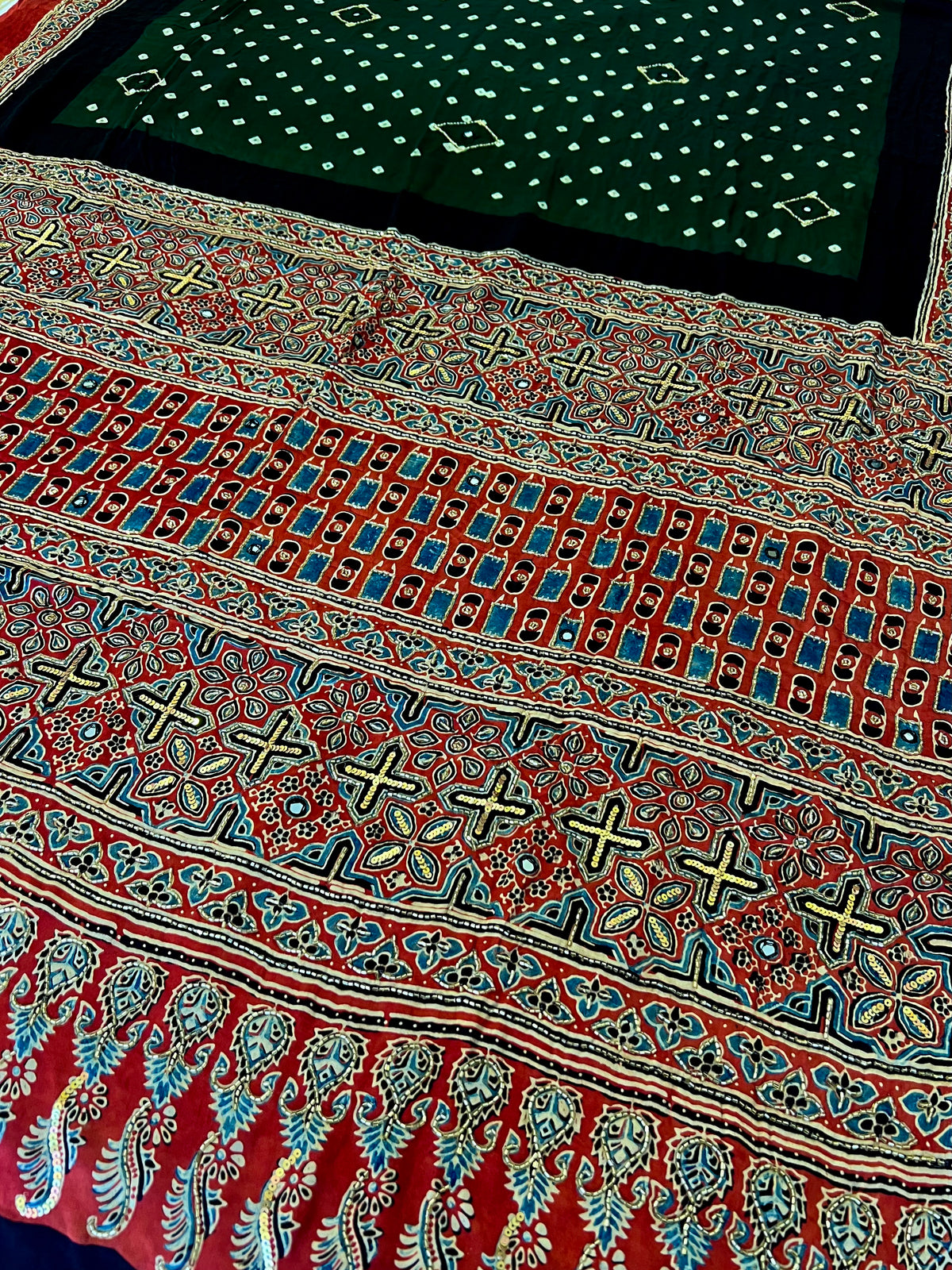 GREEN GRANDEUR - Pure Modal Bandhani Ajrakh Hand Embroidered Saree