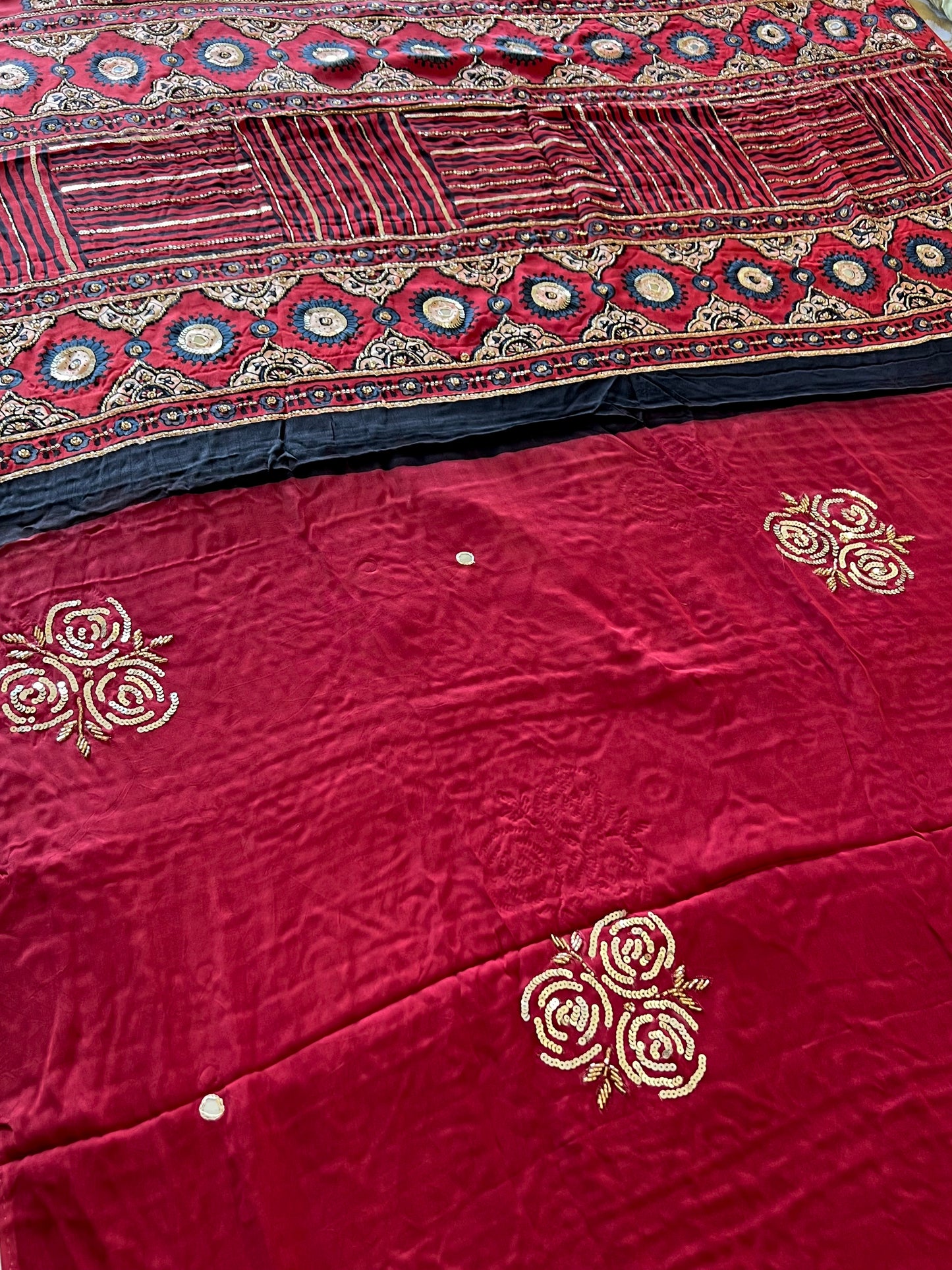 FLAME ROSE - Pure Modal Ajrakh Hand Embroidered Saree