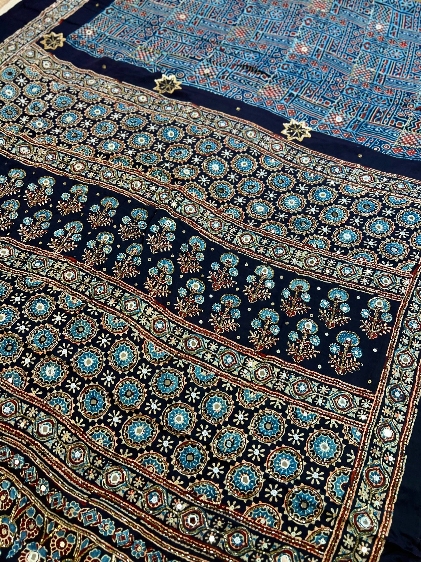 ASTRAL BLUE - Pure Modal Ajrakh Hand Embroidered Saree