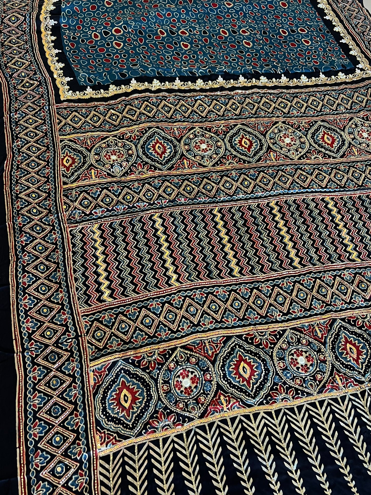 SEAFOAM MUSE - Pure Modal Ajrakh Hand Embroidered Saree