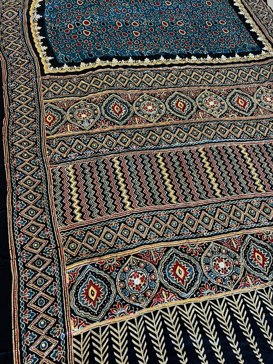 SEAFOAM MUSE - Pure Modal Ajrakh Hand Embroidered Saree