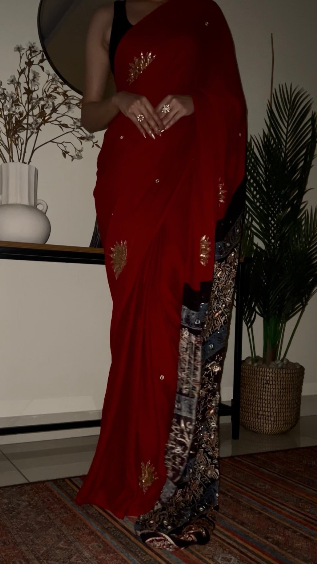 VERMILLION LOTUS - Pure Modal Ajrakh Hand Embroidered Saree